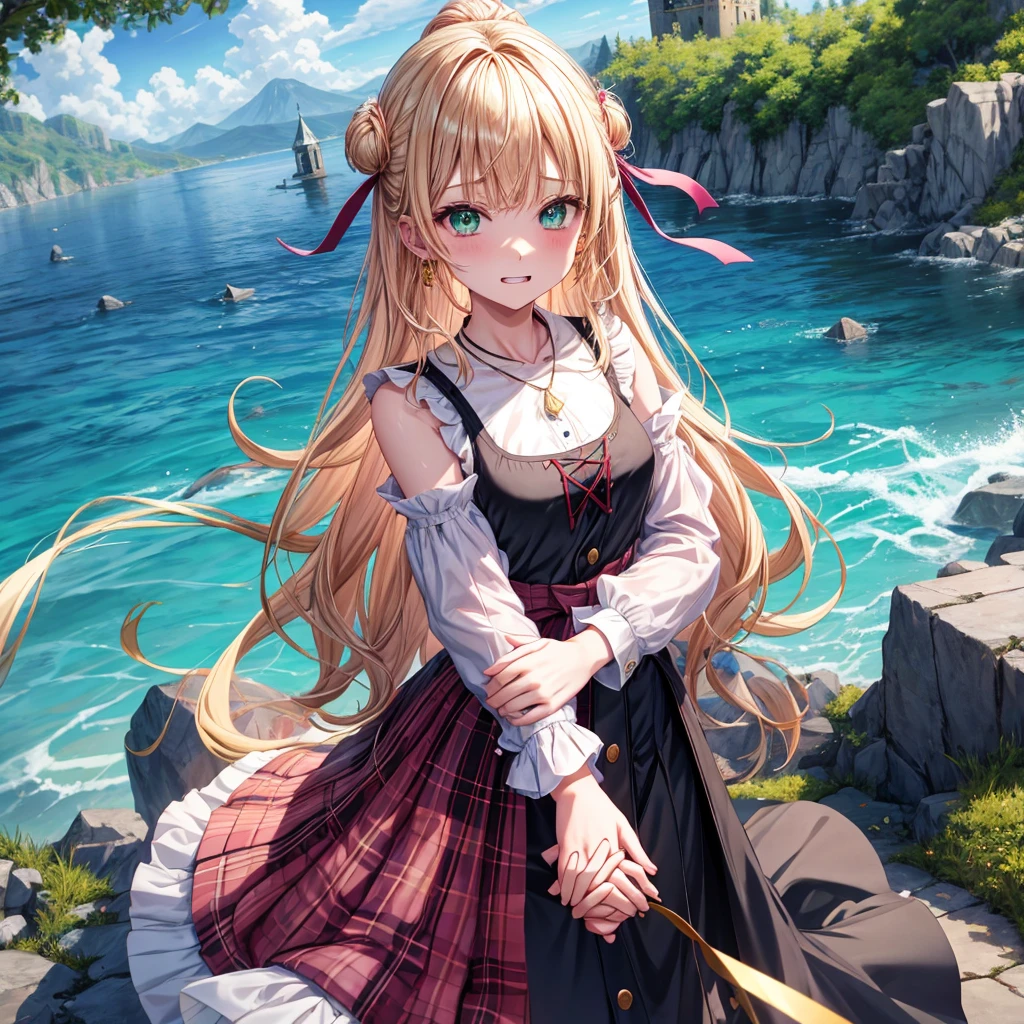 pink blonde、green eyes、one good looking girl、solo、anime、plaid mini skirt、the skirt has buttons、black camisole、black t-shirt、dress、wearing a ribbon、ribbon at waist、cloak、hood、clouds are swirling、stone slabs are piled up、one hand raised、crystal earrings、sun、teeth are visible、splash of water、monster castle、ceiling、golden key、jewelry necklace、Light and shadow、holding hands
