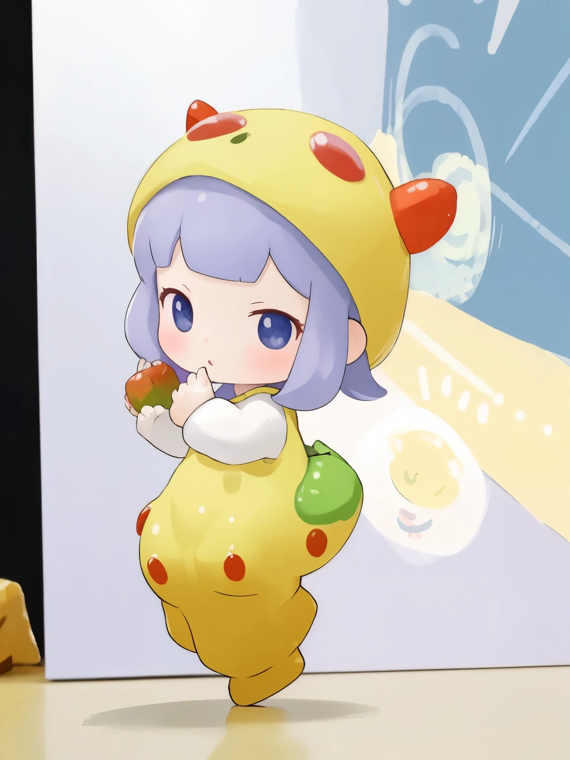 blindbox、Chibi girl acting on stage、wearing a cute fruit costume、action、jump、Take a photo from the side