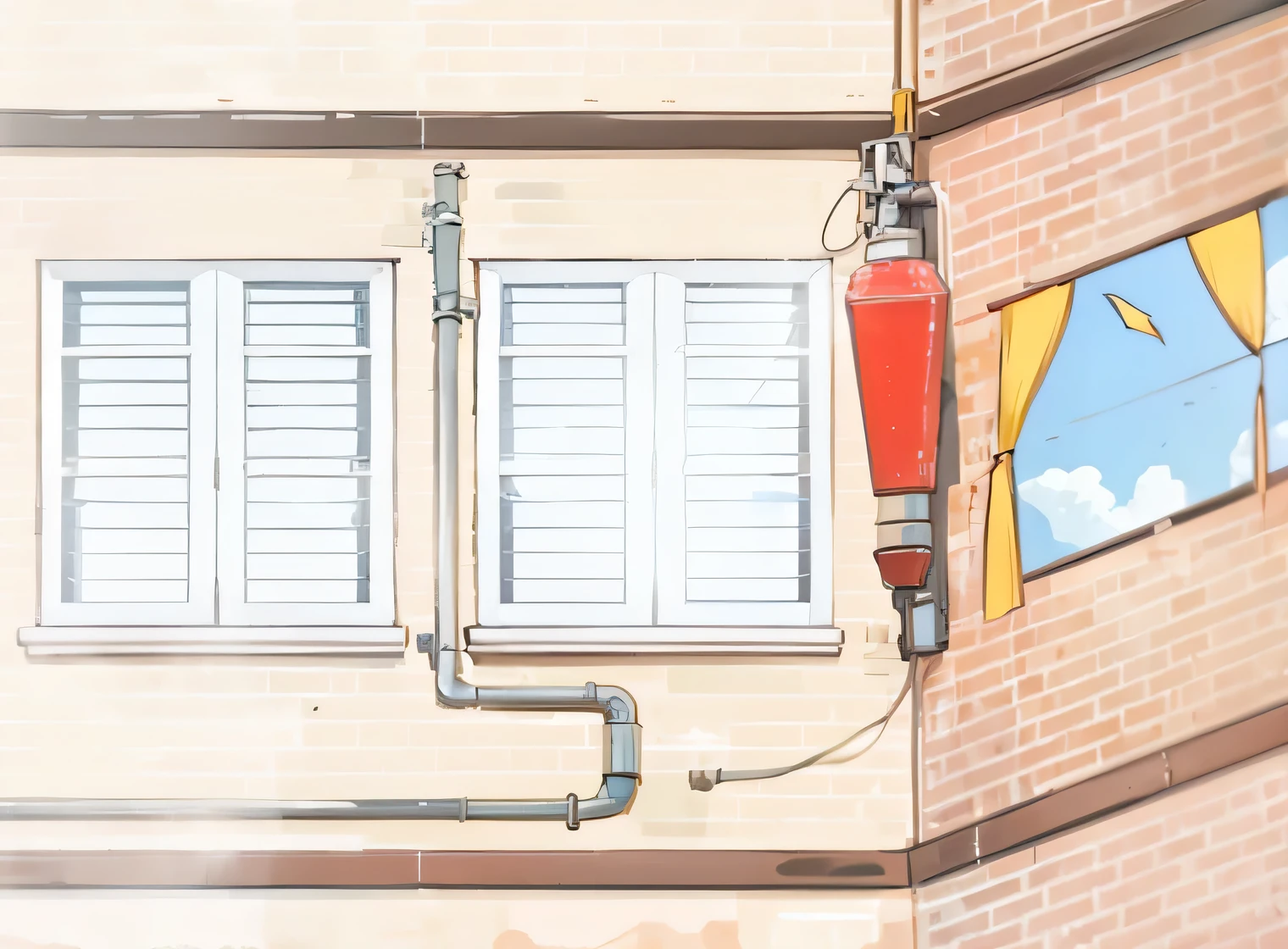 half realistic，half cartoon，hook style，exterior，high-rise building，Brick house，Has windows and water pipes