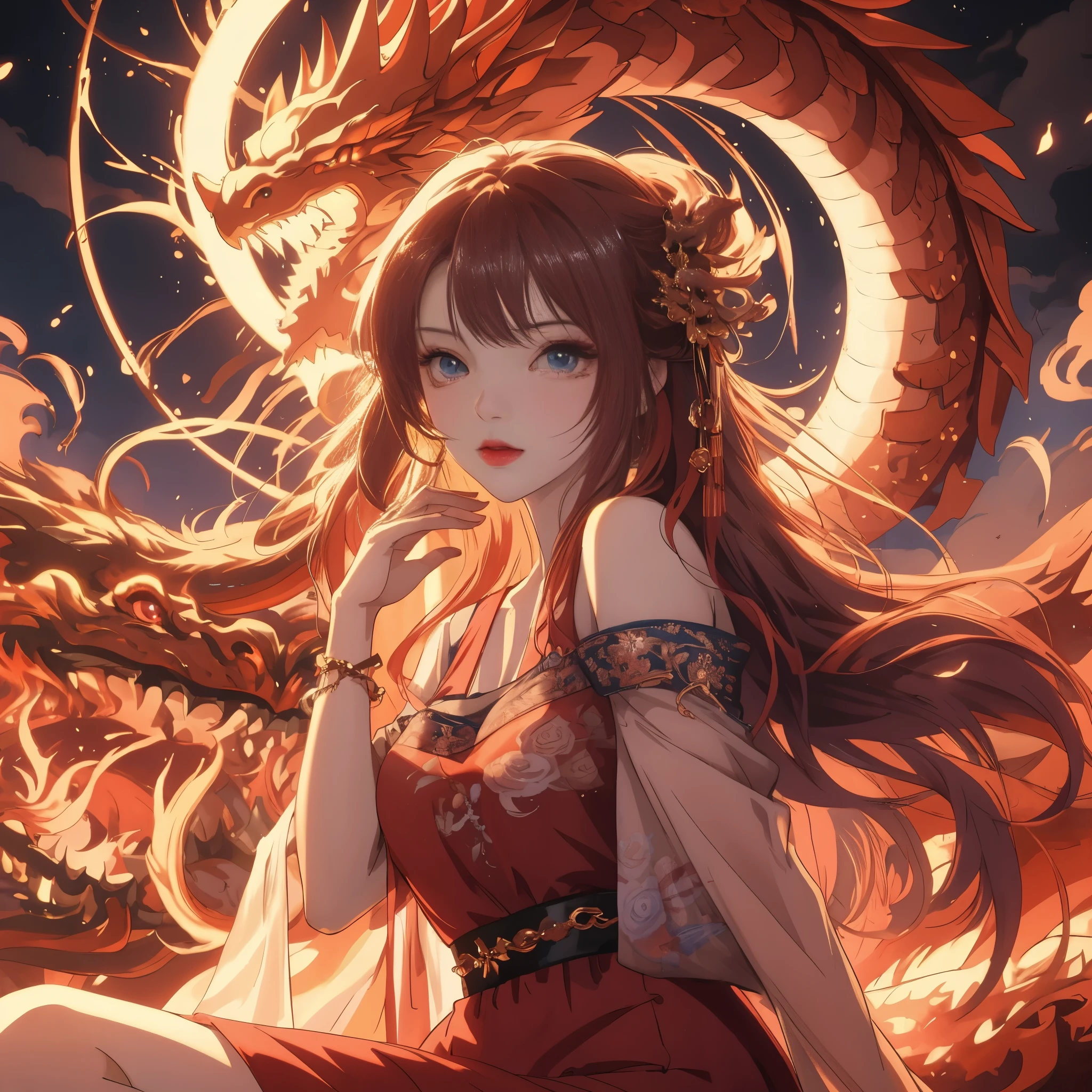 Anime girl with long hair and blue eyes sitting in front of the dragon, anime style 4k, Anime Art Wallpaper 4k, anime art wallpaper 4k, anime art wallpaper 8k, 4k anime wallpaper, Anime fantasy artwork, Beautiful fantasy anime, anime wallpaper 4k, anime wallpaper 4k, HD anime wallpaper, Anime Fantasy Illustration, 4k comic wallpaper