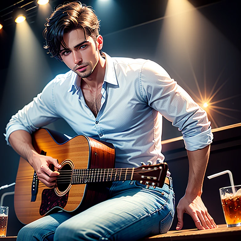 Young man of thirty, with blue eyes, in a white shirt and blue jeans, in romantic style, sings, sitting on the stage of a night bar, High detail, Masterpiece quality, realism, 4K