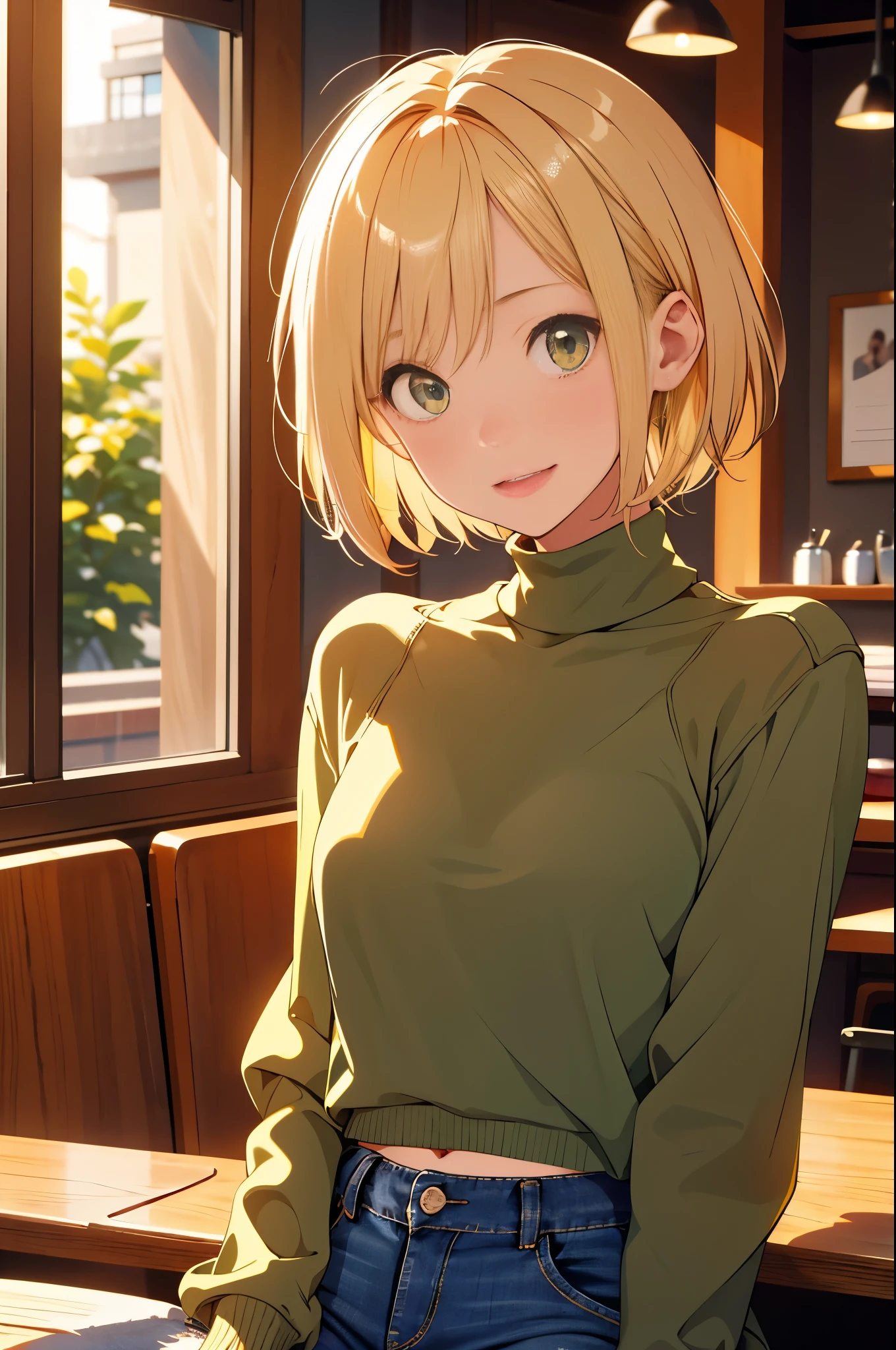 complicated,girl,blonde short hair,Laughter,jeans,Talking to someone,eyes are green,Chest is small,the 90s,turtleneck sweater,evening,winter,sitting in a cafe,very clear hair,very clear face,private server