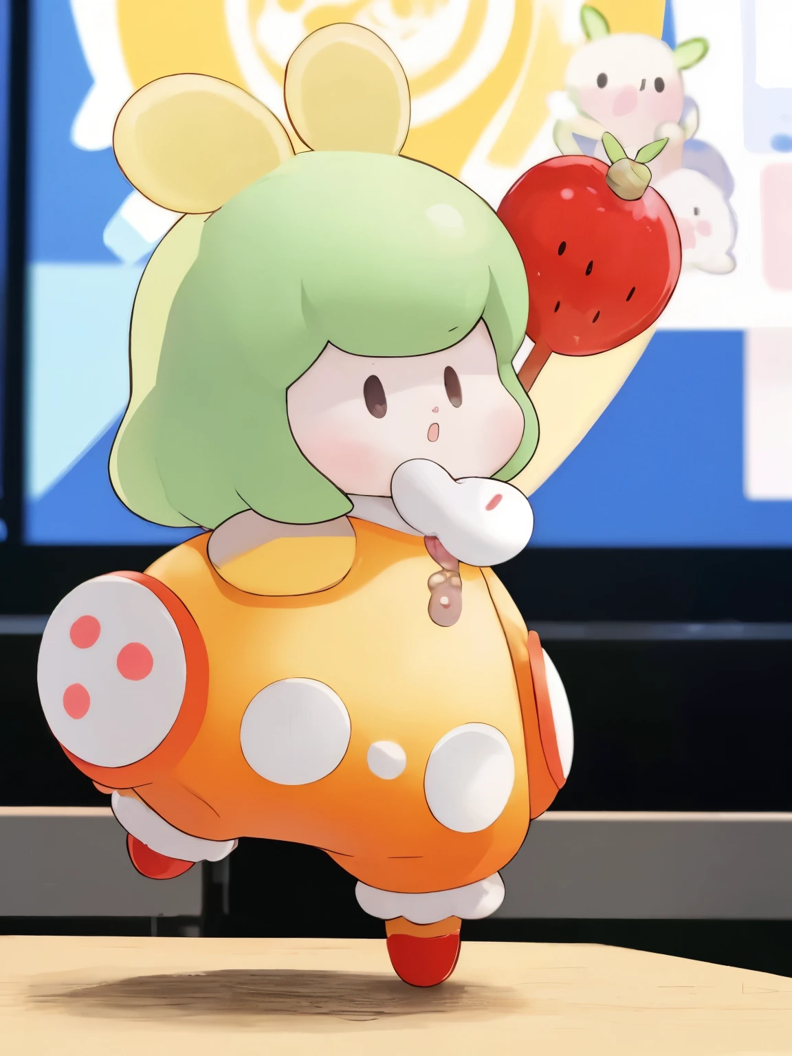 blindbox、Chibi girl acting on stage、wearing a cute fruit costume、action、jump、Take a photo from the side