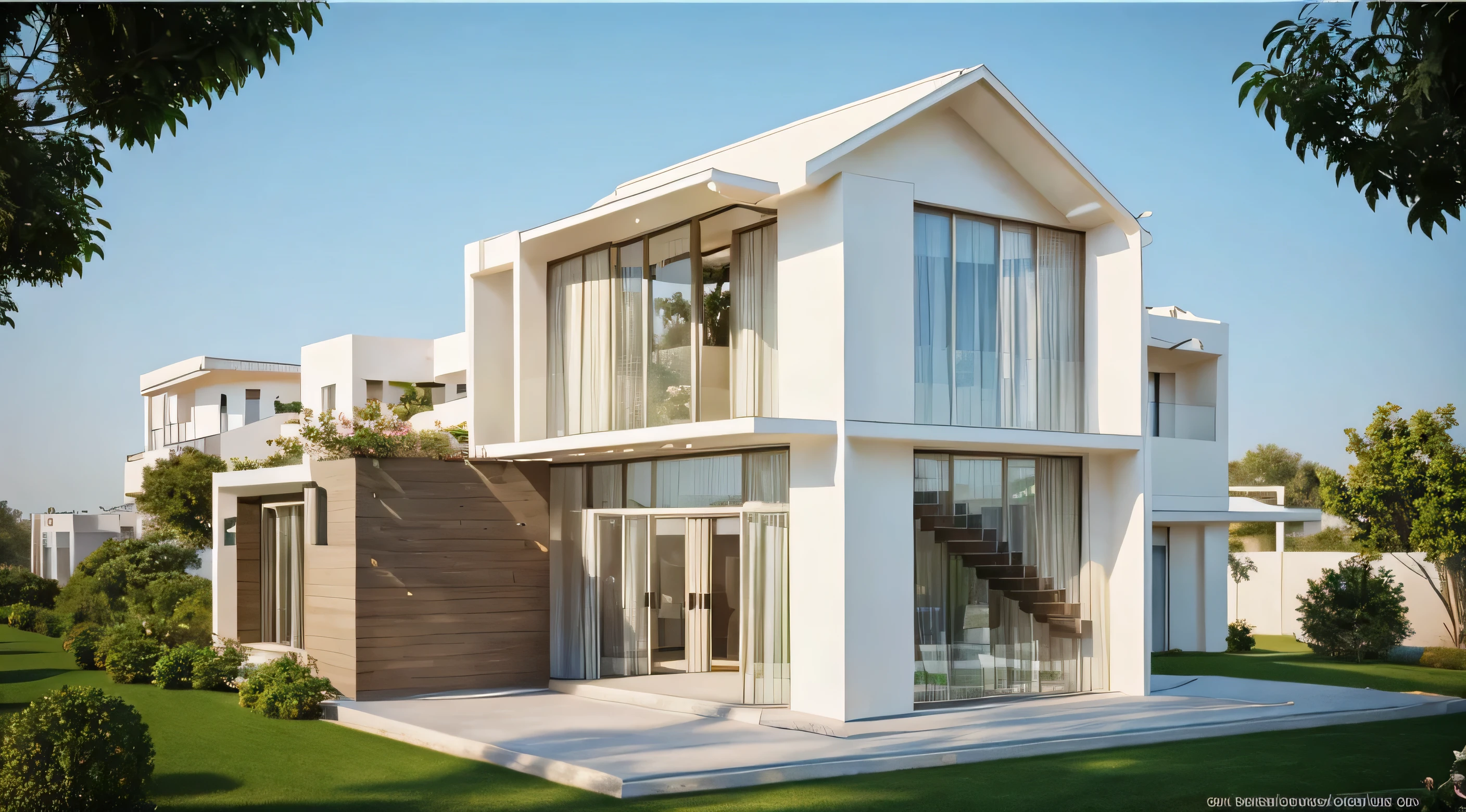 A realistic digital illustration depicting a two-story garden house with a balcony, white walls, brick breeze walls, a glass-walled staircase, a protruding balcony, a gabled roof, and surrounding front, back, and side yards. The scene is bathed in natural daylight, showcasing the architectural details with high-quality computer graphics rendering a highly detailed exterior view in neutral tones, hight quality, realistic, modern architecture, very detailed, masterpiece, complex ,lots of windows glass, hyper realistic Moroccan style villa on trees, hyper realistic, depth of field , modern architecture, minimal architecture , futuristic architecture , lights on front garden no human, isometric view