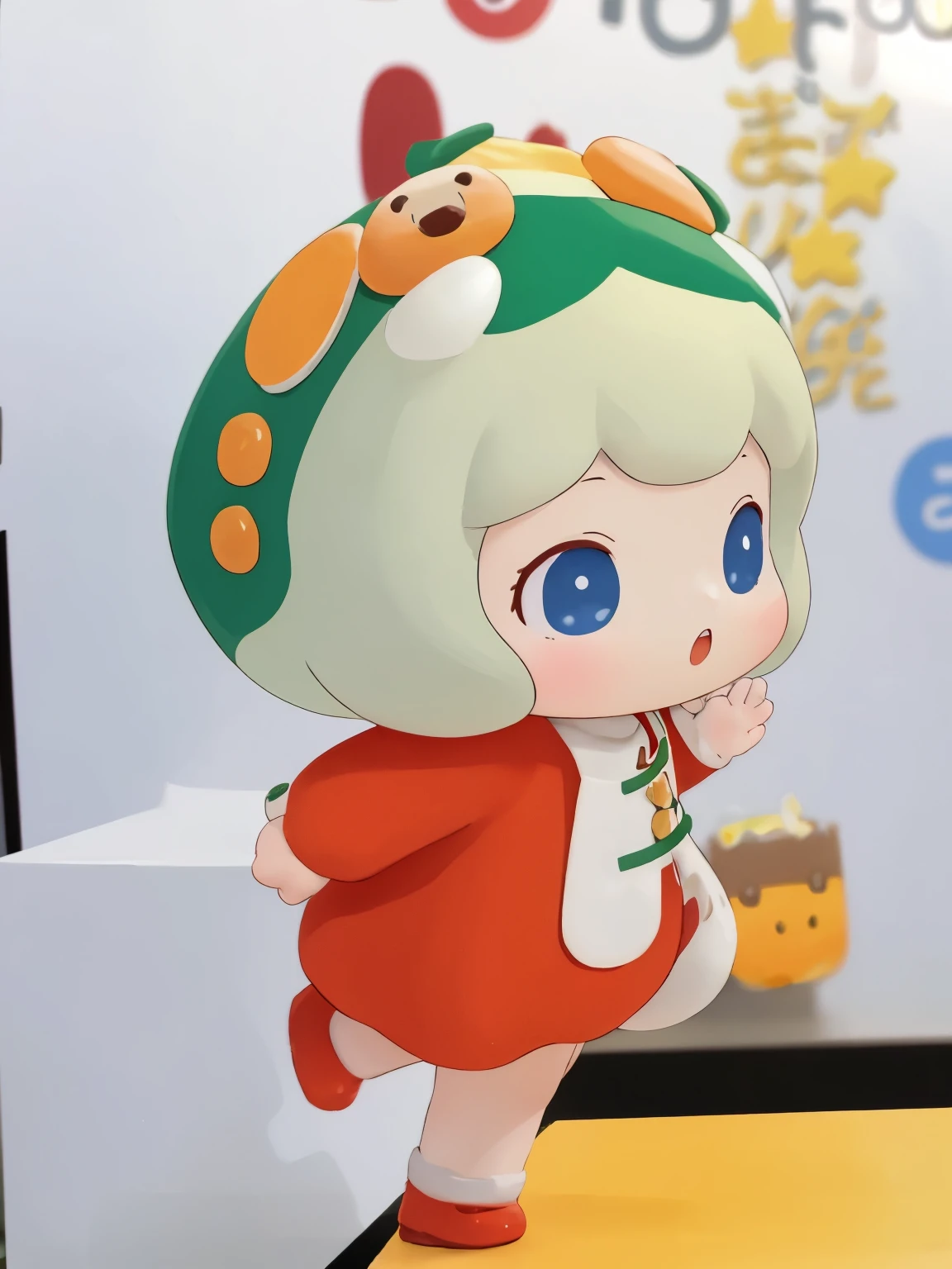 blindbox、Chibi girl acting on stage、wearing a cute fruit costume、action、jump、Take a photo from the side