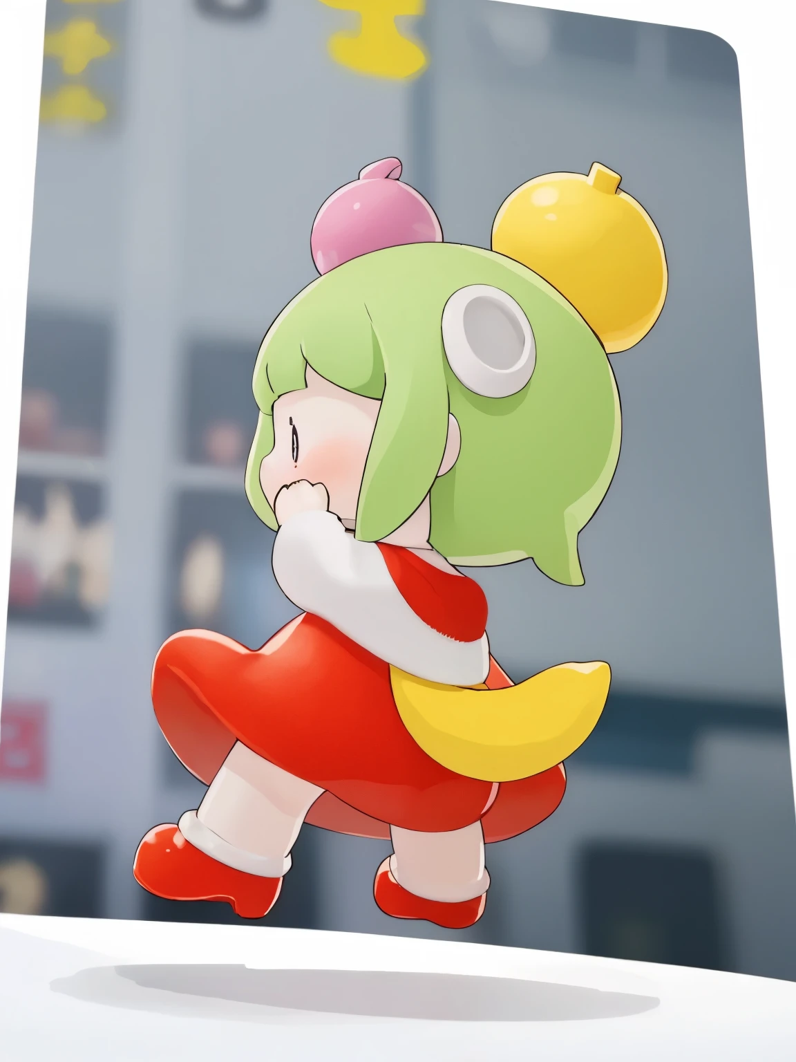 blindbox、Chibi girl acting on stage、wearing a cute fruit costume、action、jump、Take a photo from the side
