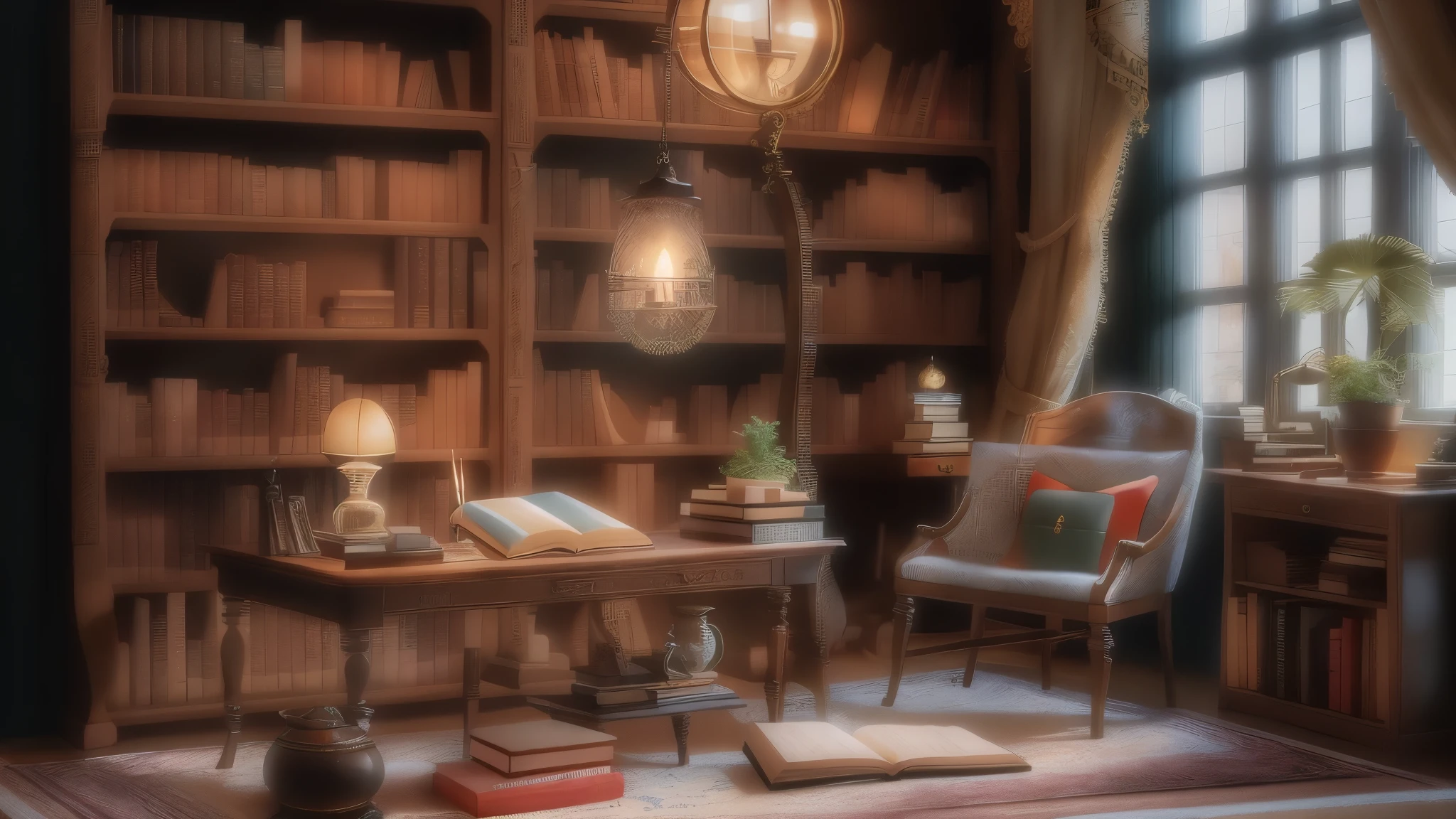 miniature world、Magic library miniature world、An enchanting miniature study space surrounded by tall bookshelves、Long desk、Note、pen made of white feathers、comfortable chair、mug with coffee、white owl with closed eyeagic wand、Quiet and solemn atmosphere、fantasy、near the window