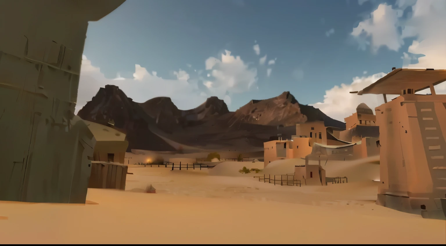 There is a picture of the desert,In the background is a building and a mountain, Sci-fi Mongolian Village, desert environment, wild west setting, sand and desert environment, West Side, somewhere in the desert, Rendered in Unity 3D, desert city, new mexican desert background, dusty unreal engine, old west, unity screenshot, in game engine, desert environment