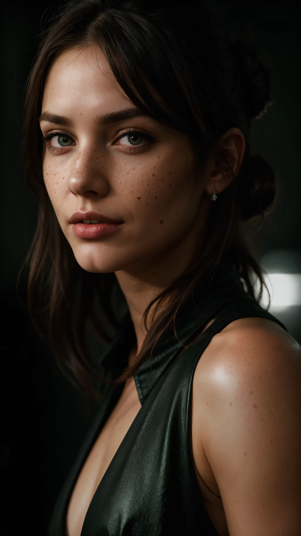 beautiful lady, freckles, dark makeup, hyperdetailed photography, soft light, head and shoulders portrait, cover,| (darkness:1.1), clouds, deep shadow, darkness, award-winning photo, extremely detailed, amazing, fine detail, absurd, ([Cobie Smulders|Jennifer Aniston|Emilia Clarke]:0.8), perfect beautiful woman extremely detailed, extremely symmetrical extreme detailed symmetrical eyes and face, sharp piercing green eyes lumen lighting, detailed clothing, smooth and lean glowing skin, subsurface glow, (goth: 0.8), double bun, bangs, ruffles, skirt, red hair, by lee jeffries [ (Color Burst Psychedelic Ink Colors: 1.21): : 0.15], Film Photography Nikon D850 4 Camera Kodak Portra 400 Lens F1.6 Rich Colors Hyper Realistic Texture Realistic Lighting Dramatic Irrealengine Trend in Artstation Cinestill 800 Tungsten, Style-Neeko , (Good Heart: 0.7), (modest: 0.8 ), happy, excited, (coarse: 0.8), lips parted, close portrait style-swirlmagic