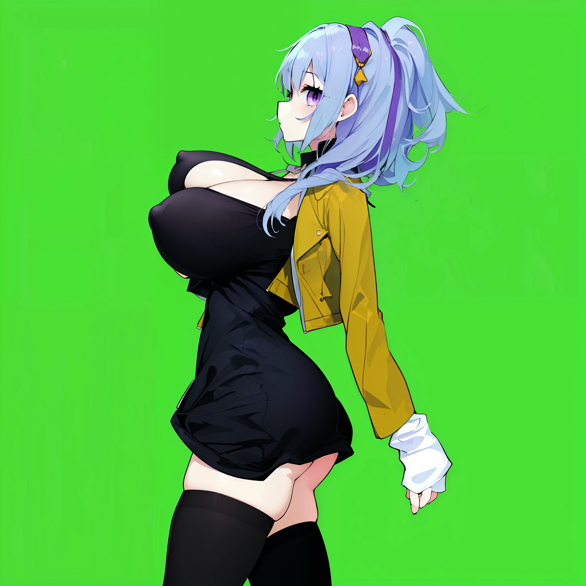 1 skinny girl, solo, light blue hair, (dark purple eye:1.4), bending back, looking at viewer, BREAK, black plunging neckline short dress, dark yellow cropped jacket, black thighhighs, BREAK, (bouncing unaligned huge breasts:1.5), cleavage, very short torso, (inconceivably narrow waist), thin long legs, BREAK, (show off crotch:1.4), BREAK, strong wind