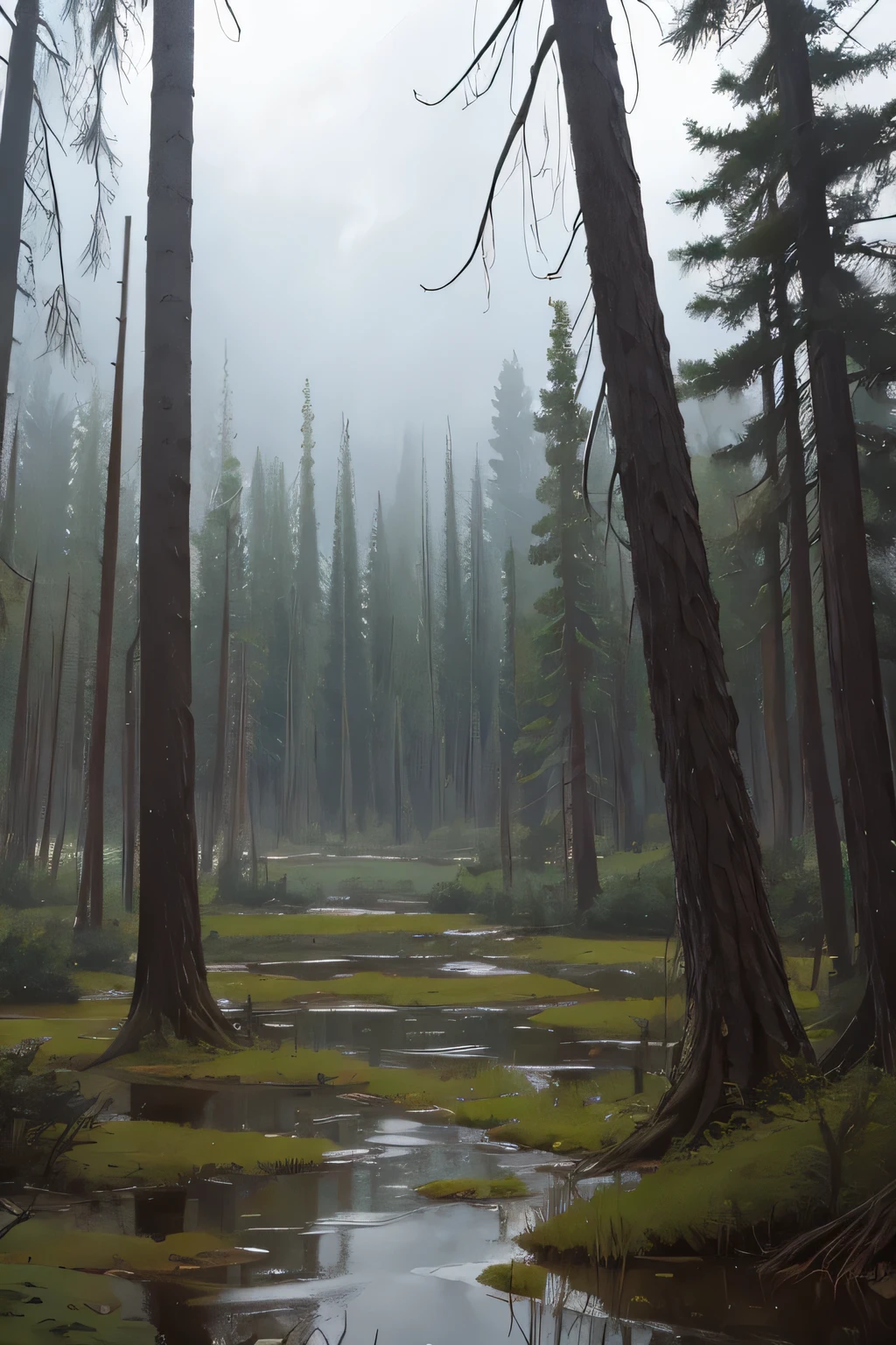 cloudy sky, the forest, the squirrel, pine trees, swamp, dull colors, manhwa style