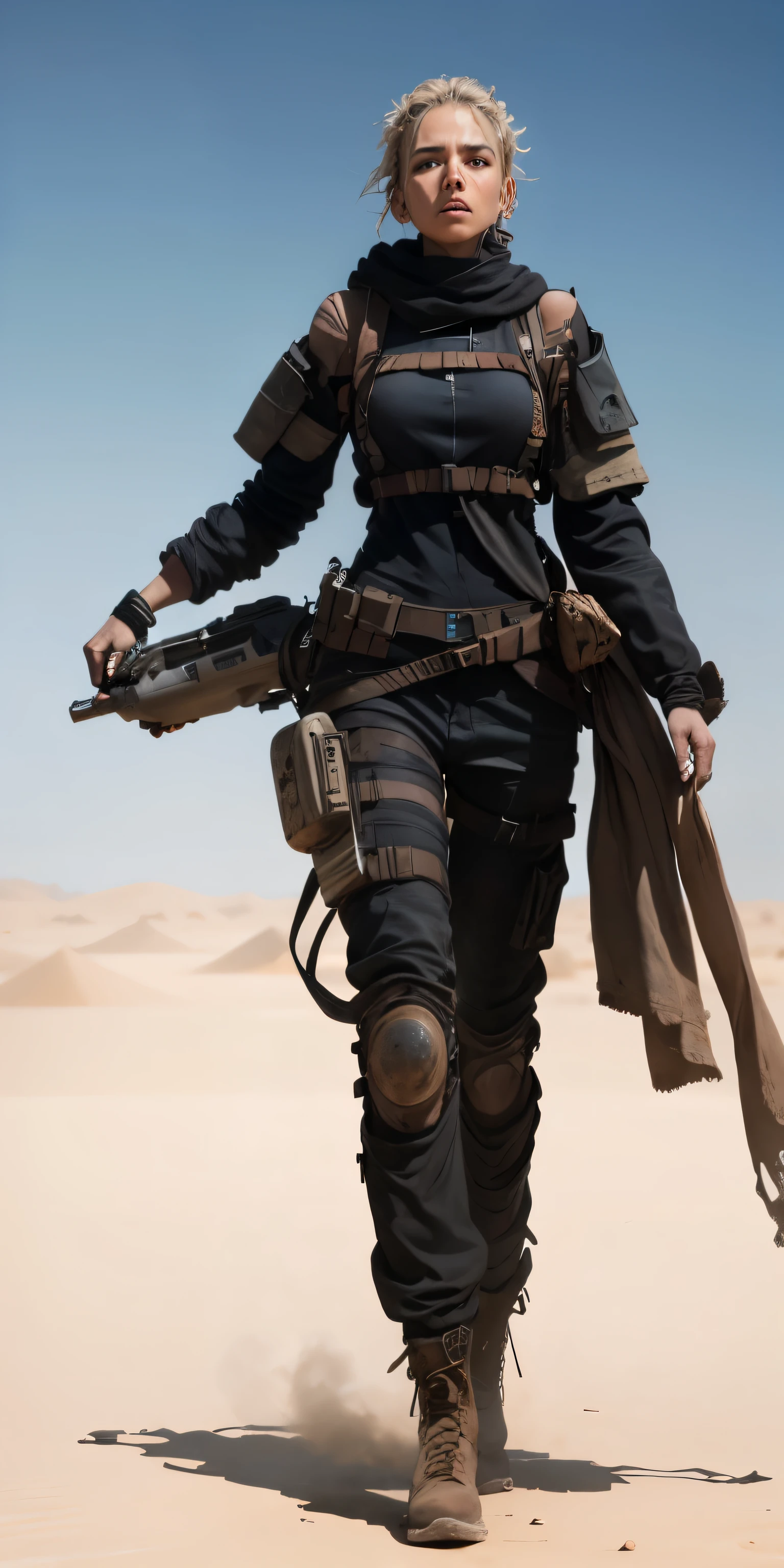 Beautiful dusty and dirty lost woman in desert apocalypse, paper, dust, worn clothes, sweat, exhaustion, worn in clothes, swirl, whirl, swirling wind, wind, heat, dirt, blood, tan kahki, impressionism sci-fi master art style 34k resolution hyperdetailed,
