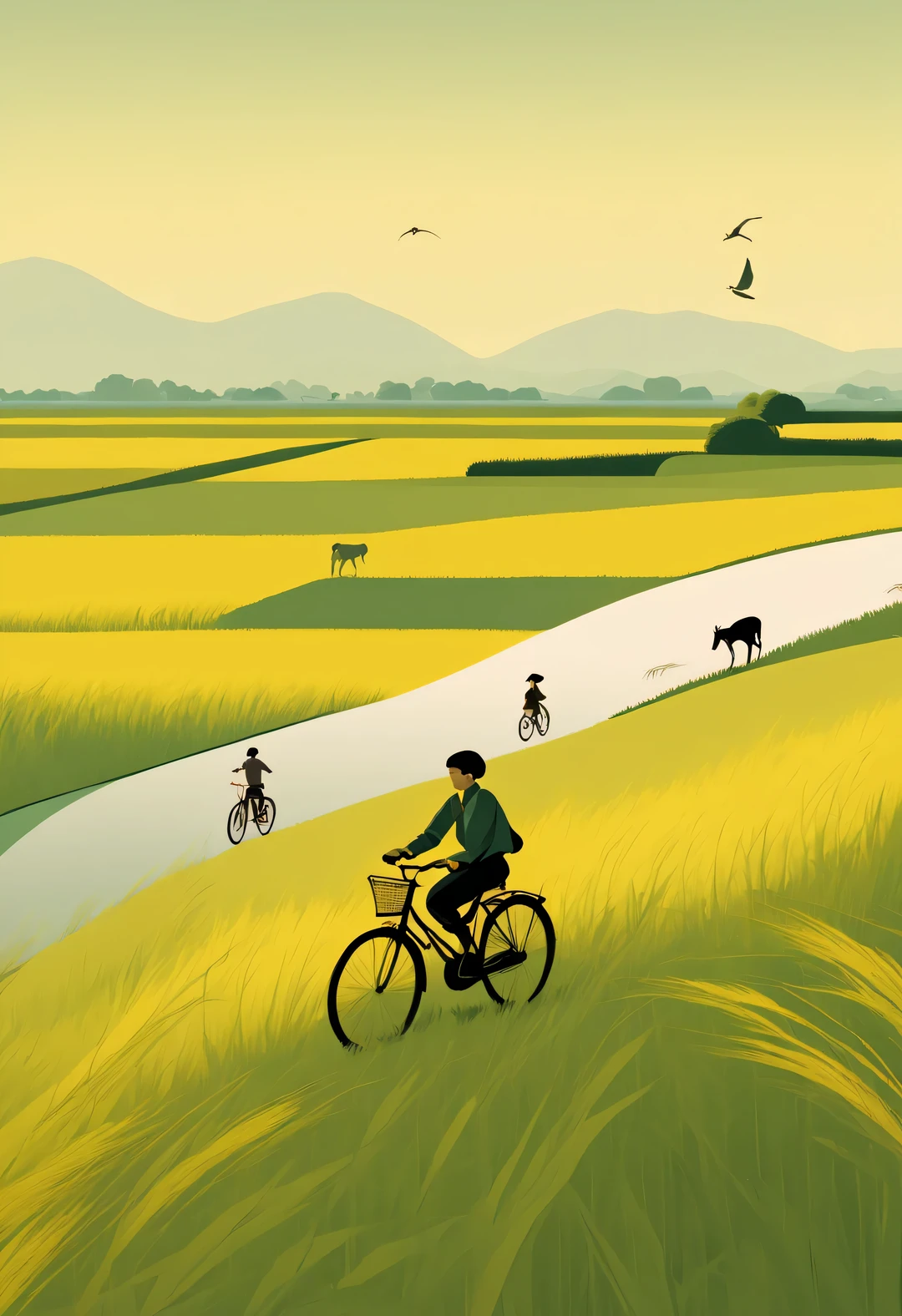 a beautiful illustration, Endless rice fields, half yellow half green, A boy riding a bike, girl sitting in back seat,Will Barnett (Will Barnet) modeling, Attached are 50D movie stills, Pastoral scenery, rural area, panoramic,