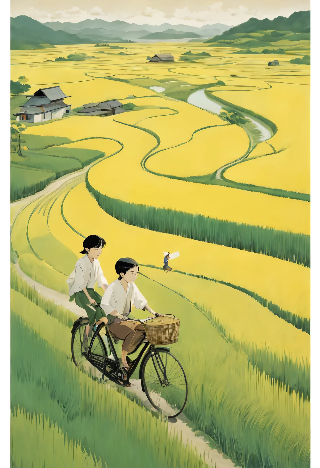 a beautiful illustration, Endless rice fields, half yellow half green, A boy riding a bike, girl sitting in back seat,Will Barnett (Will Barnet) modeling, Attached are 50D movie stills, Pastoral scenery, rural area, panoramic,