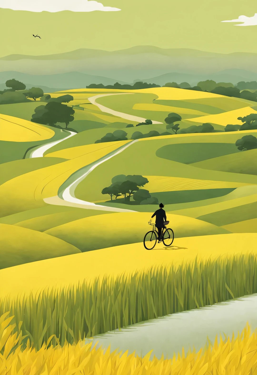 a beautiful illustration, Endless rice fields, half yellow half green, A boy riding a bike, Will Barnett (Will Barnet) modeling, Attached are 50D movie stills, Pastoral scenery, rural area, panoramic,