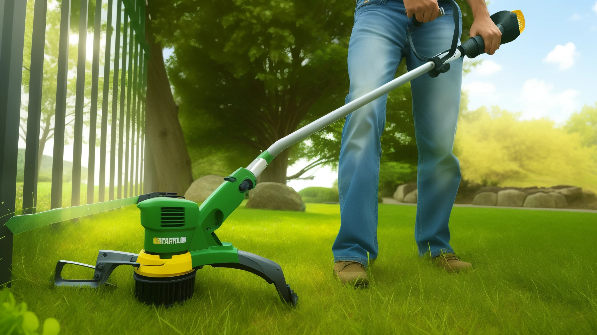 arafed man using a string trimmer to trim a grassland, gardening, Clear and smooth lines, smooth strokes, Clear and smooth lines, with a lush grass grassland, Amazing details, Clear details, Perfect details, Strong writing power, accurately depict, Super detailed, grassland, Trimmed, Heartbreakingly beautiful, Crisp and sharp, 3 4 5 3 1