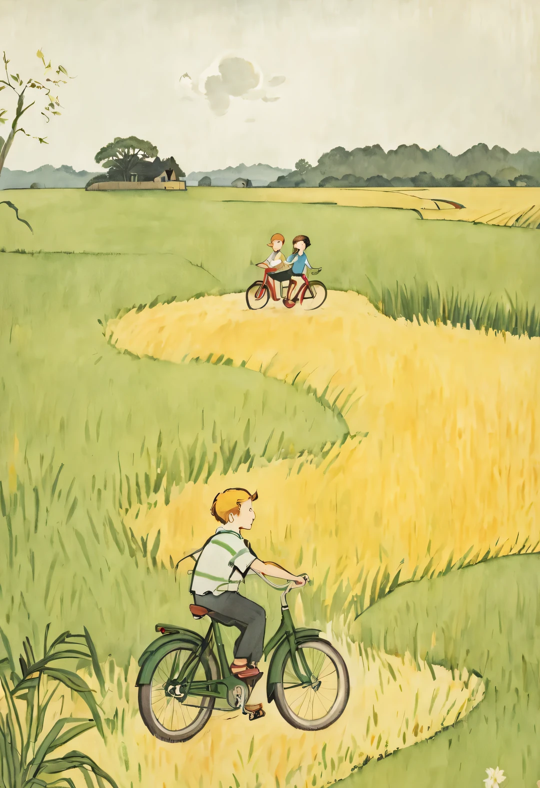 a beautiful illustration, Endless rice fields, half yellow half green, A boy riding a bike, girl sitting in back seat,Will Barnett (Will Barnet) modeling, Attached are 50D movie stills, Pastoral scenery, rural area, panoramic,