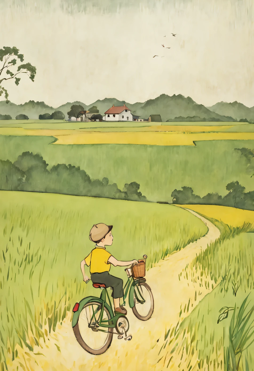 a beautiful illustration, Endless rice fields, half yellow half green, A boy riding a bike, girl sitting in back seat，Will Barnett (Will Barnet) modeling, Attached are 50D movie stills, Pastoral scenery, rural area, panoramic,