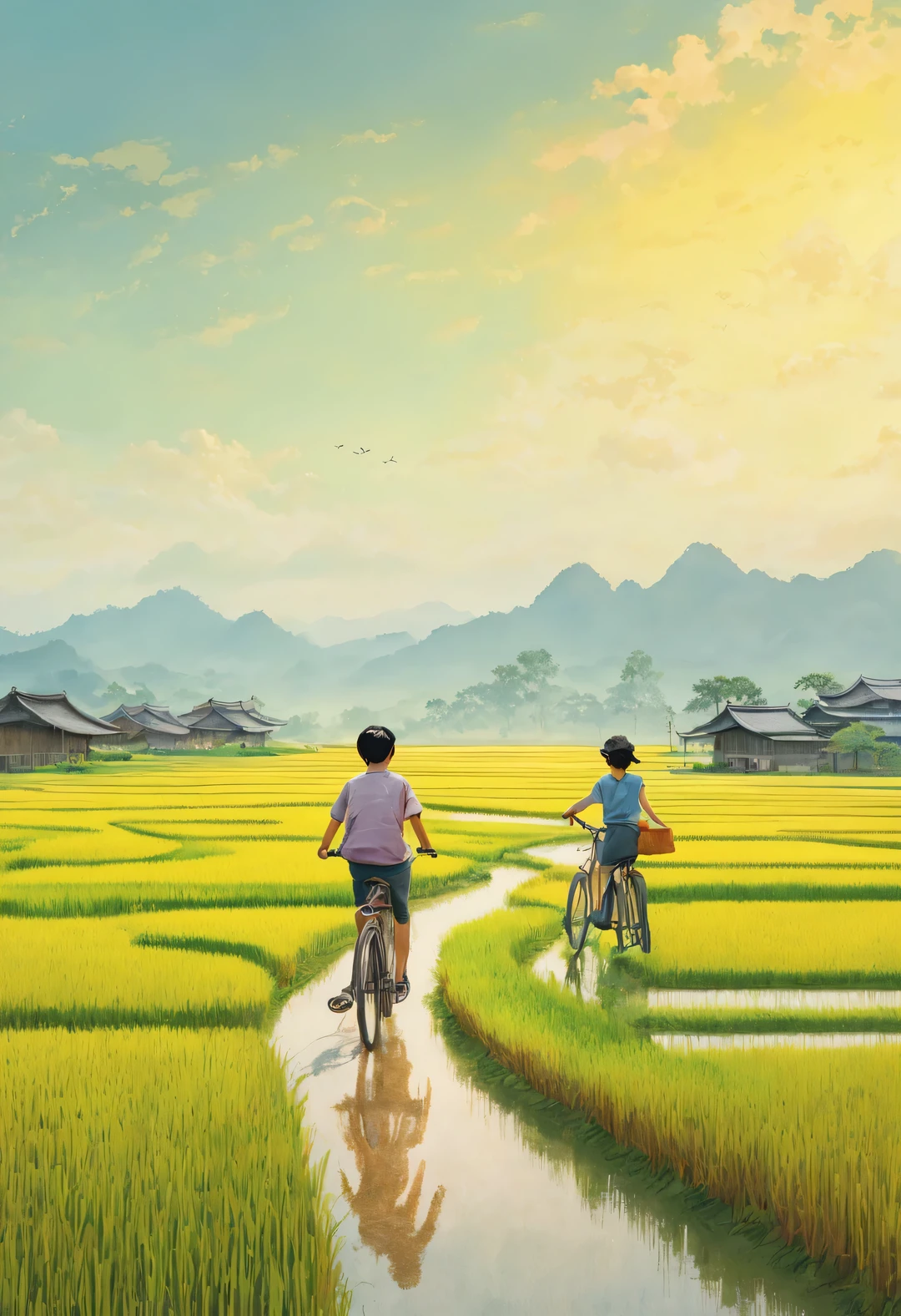 Endless rice fields, A Chinese boy and a girl ride bicycles, Pastoral scenery, rural area, panoramic,analog film,The art of math,Pointillism,Psychedelic,