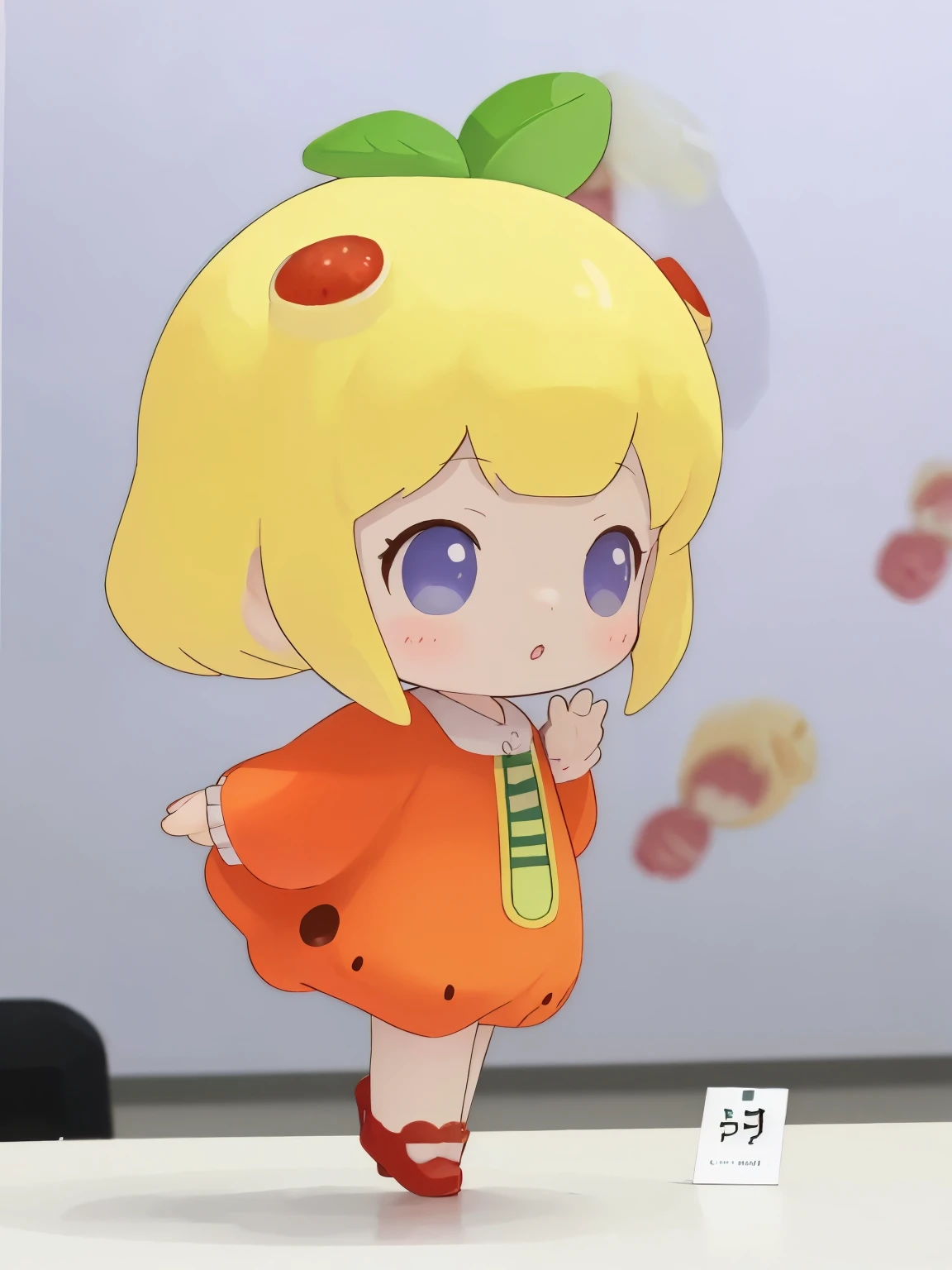 blindbox、Chibi girl acting on stage、wearing a cute fruit costume、action、jump、Take a photo from the side