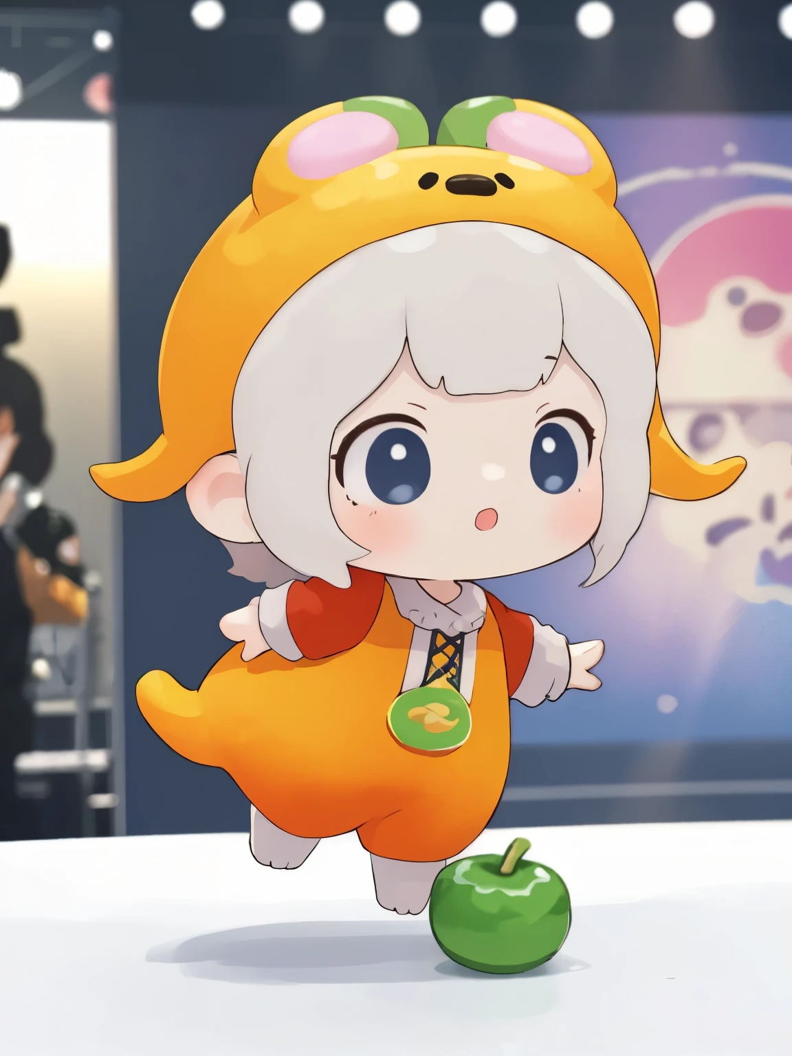 blindbox、Chibi girl acting on stage、wearing a cute fruit costume、action、jump、Take a photo from the side