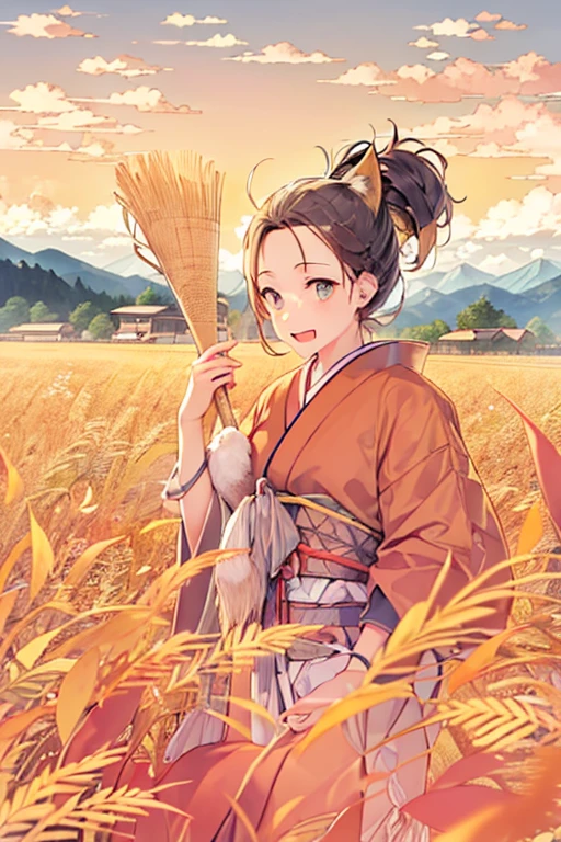Japanese countryside scenery、A woman is in the rice field、A woman holds a bundle of rice with both hands、smile、Himiko、anatomically correct、Golden fields spread out all over、Fully ripened golden ears of rice、Mountains with autumn leaves in the distance、clear autumn sky、Do not depict animal ears