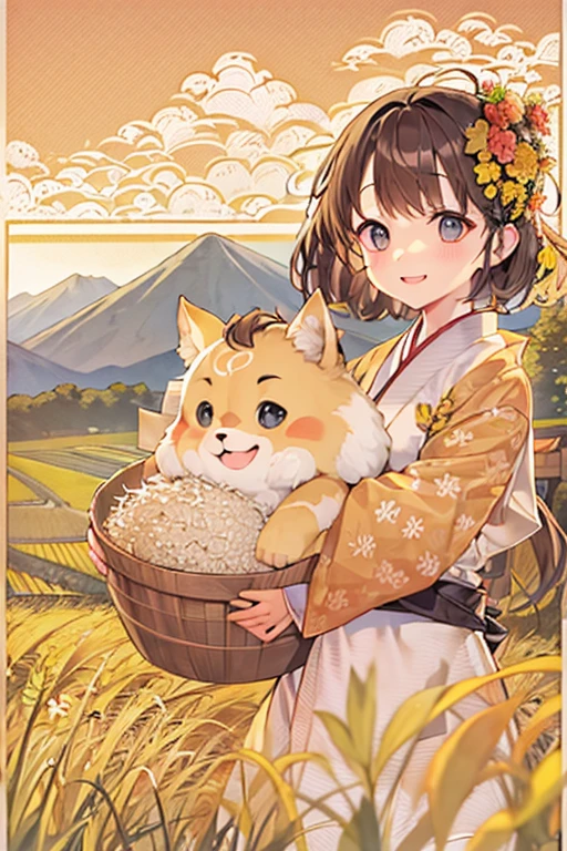 Japanese countryside scenery、There is a woman in the rice field、A woman holding a bundle of rice with both hands、smile、Himiko、anatomically correct、A golden field that spreads out all over、The ground of the rice field is dry。ripe golden ears of rice、Mountain with autumn leaves in the distance々、Clear autumn sky、