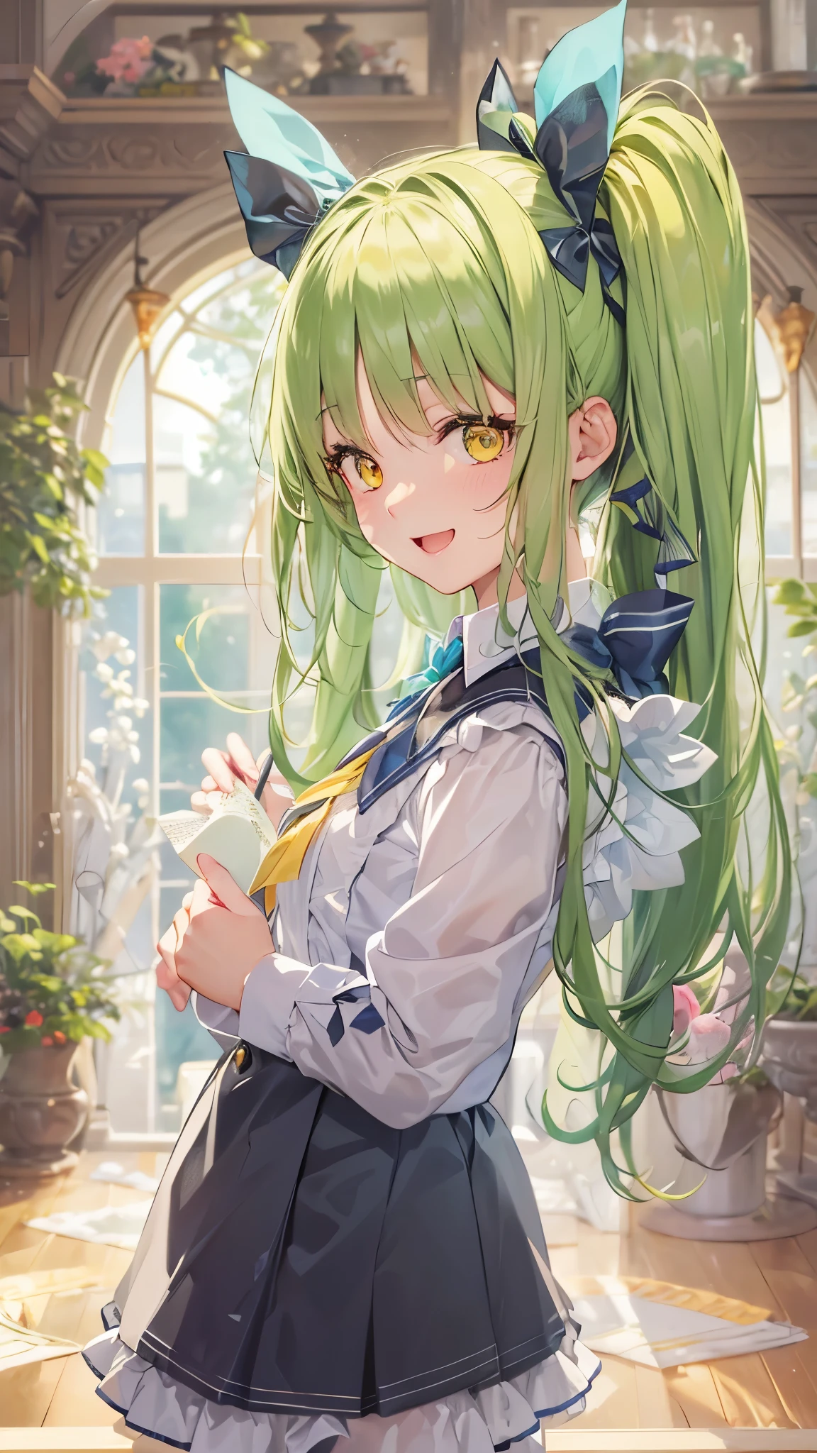perfect anatomy, masterpiece:1.2, best quality, 8k, beautiful detailed grow, daydreaming expression, frontal pray:1.2 (solo ponytail green hair long hair cute girl, , cute yellow eyes), lovely smile open mouth, in a maid uniform, break, in the enchanted room.