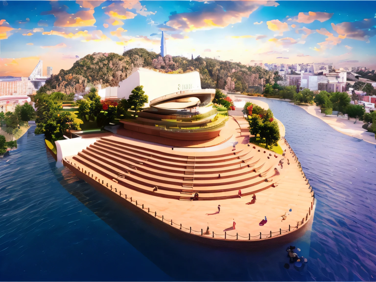 There is a huge building on an island in the middle of the city water, mini amphitheater, conceptual rendering, artist impression, conceptual, Rendering in Lumion, Rendering in Lumion pro, artist'impression, beautifully presented, Bjarke Ingels, highly rendered!!, artist impression, stunning rendering, digital rendering, Final rendering