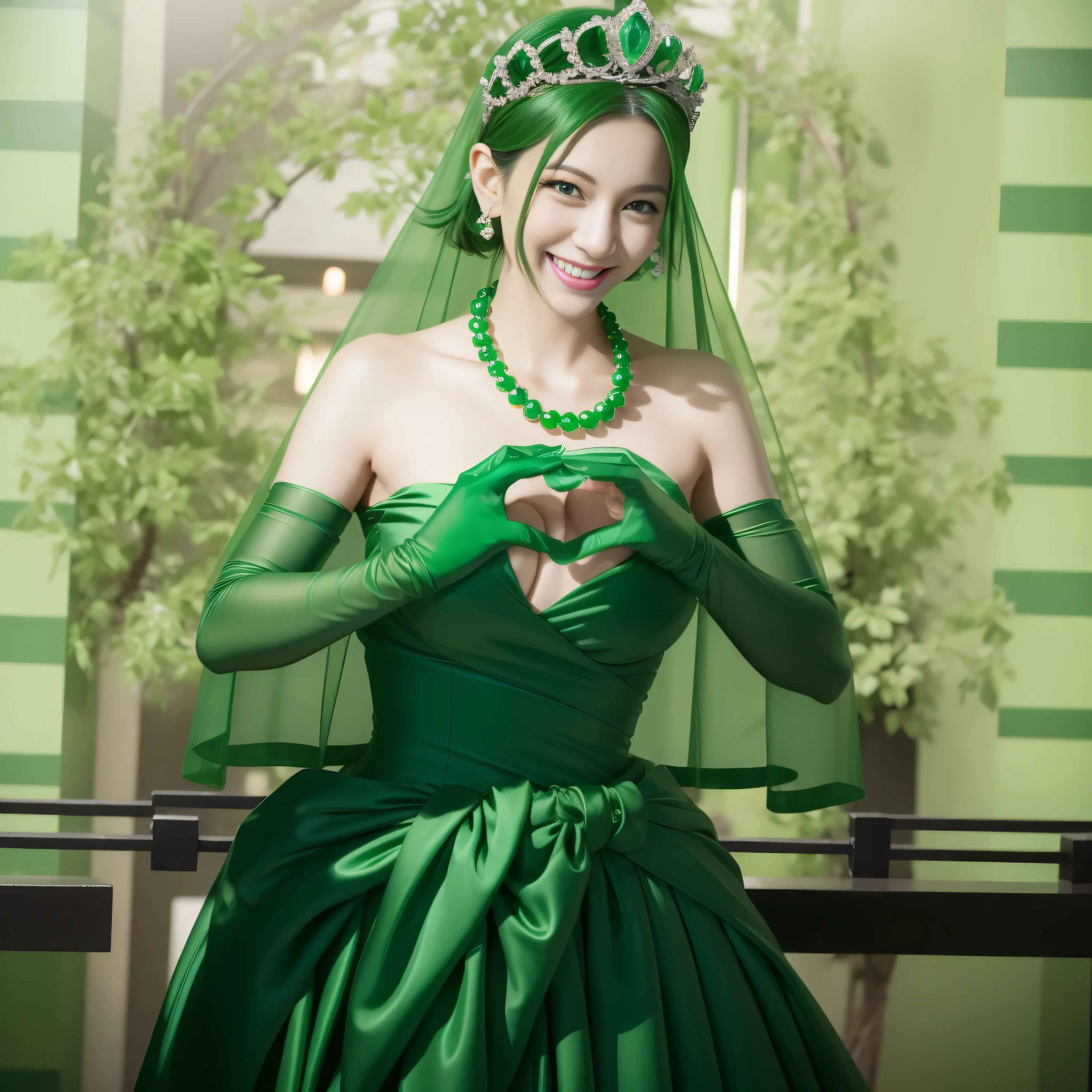 emerald tiara, Green Pearl Necklace, Boyish green berry short hair, lipstick, smiling Japanese woman, very short hair, big breasts beautiful, green eyes, green satin long gloves, green eyes, v sign, emerald earrings, Green veil, green lip gloss,
