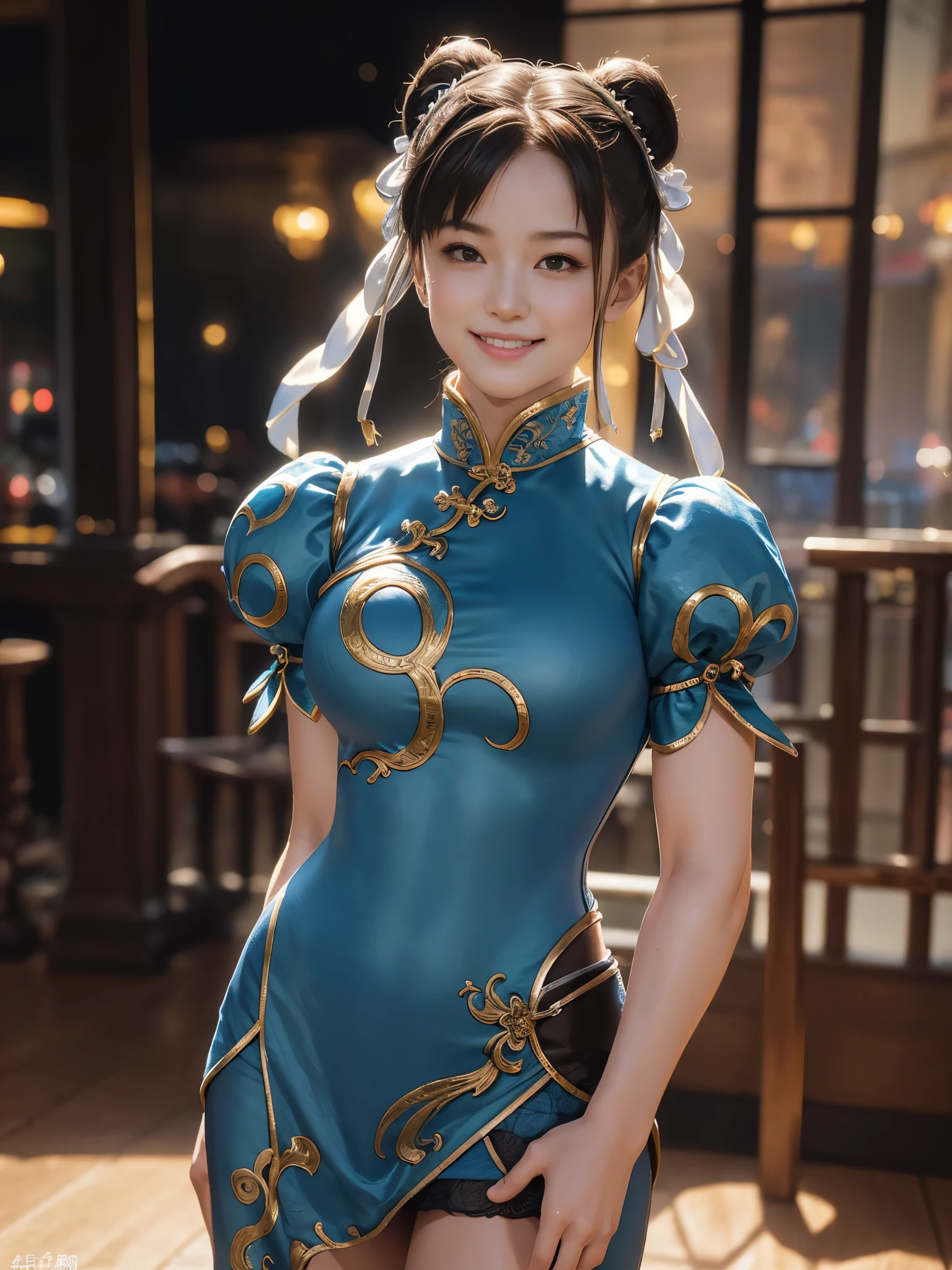 (masterpiece), (highest quality), 8K resolution, Super detailed, very detailed, realistic, photograph, photorealism, (1 girl), Chunli, Chunli costume, perfect body, smile, photographのポーズをとる