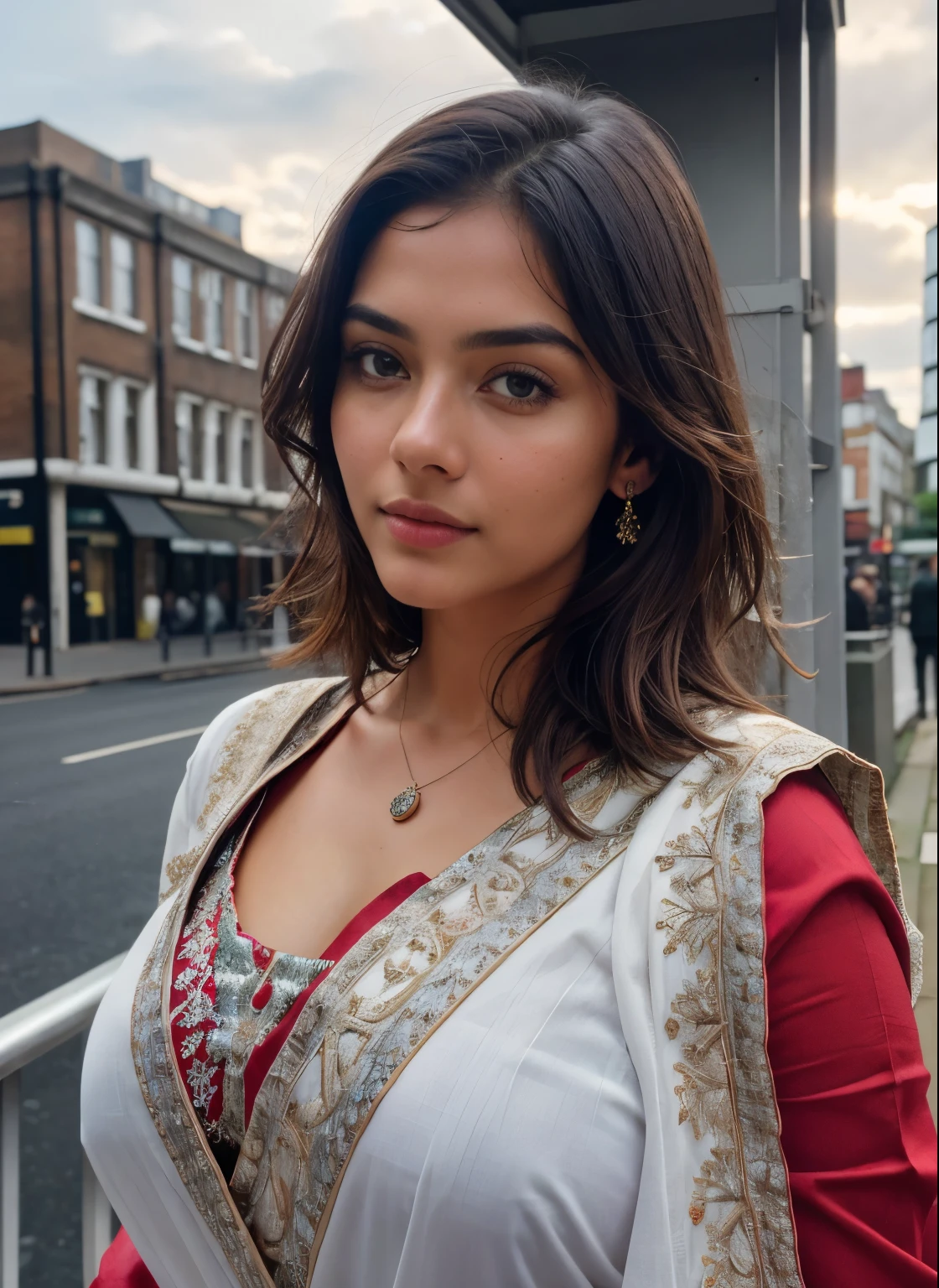 direct eye contact scenic professional photograph of RAW photo, photorealistic, [:intricate details:0.3], best quality, photo of beautiful Indian girl 20y young woman, with brown hair, Ultra-realistic skin, detailed skin, (like a plus size:1.1), (beautiful round shape breasts:1.1), (big ass:1.1), ( white, red, blue, color saree with blouse), 1girl, graceful body structure, from front, looking at viewer, direct gaze, face is looking at the camera, anaphase, in outdoor London town city, natural color, perfect viewpoint, highly detailed, wide-angle lens, hyper realistic, with dramatic sky, polarizing filter, natural lighting, vivid colors, everything in sharp focus, HDR, UHD, 64K Photorealistic, Hyperrealistic, Hyperdetailed, analog style, Ultra-realistic skin, detailed skin, matte skin, soft lighting, subsurface scattering, realistic, heavy shadow, masterpiece, best quality, ultra realistic, 8k, golden ratio, Intricate, High Detail, film photography, soft focus