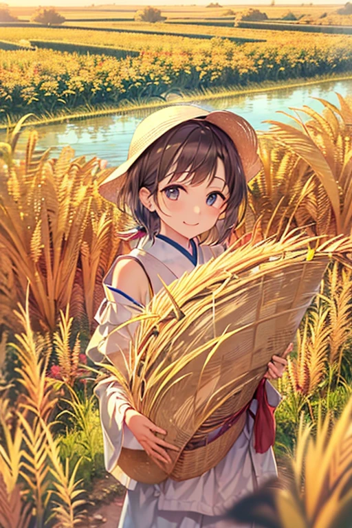 Japanese countryside scenery、A woman is in the rice field、A woman holds a bundle of rice with both hands、smile、Himiko、anatomically correct、Golden fields spread out all over、The ground of the rice field is dry。Fully ripened golden ears of rice、Mountains with autumn leaves in the distance、clear autumn sky、