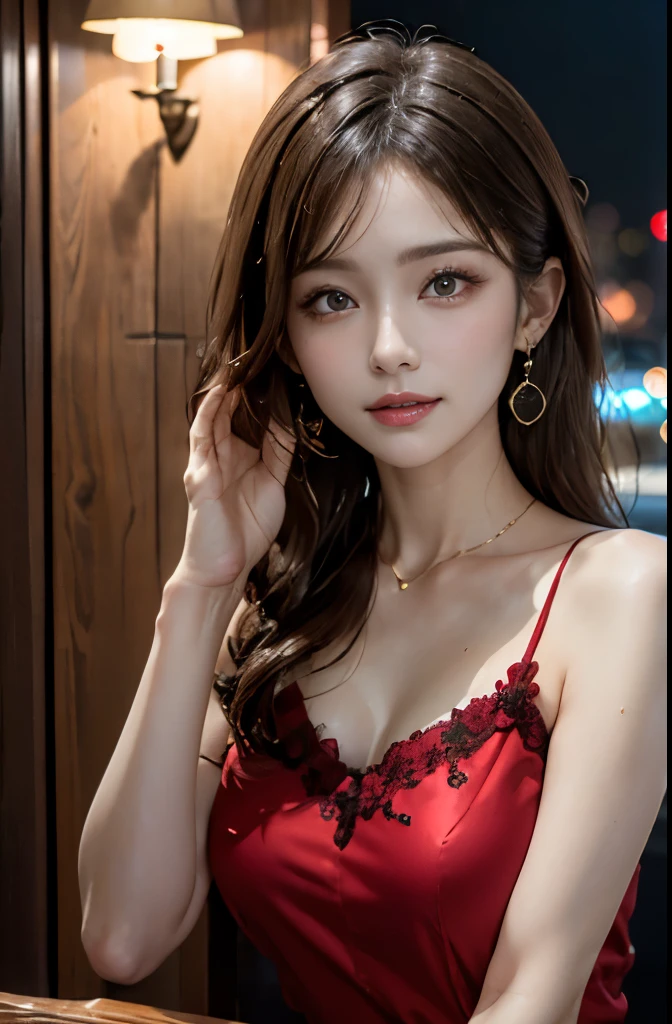 8k, RAW photo, fujifilm, Beautiful 45 year old woman style photo, square face, red rose on neck, wearing a red and black lace dress, gold earrings, Strong features like a spinning pigeon, (highly detailed skin: 1.2), light medium brown hair, film grain, 35mm, cute style、(dripping sweat、oil skin,sparkling skin、realistic skin texture、detailed beautiful skin、shiny skin、shiny skin)