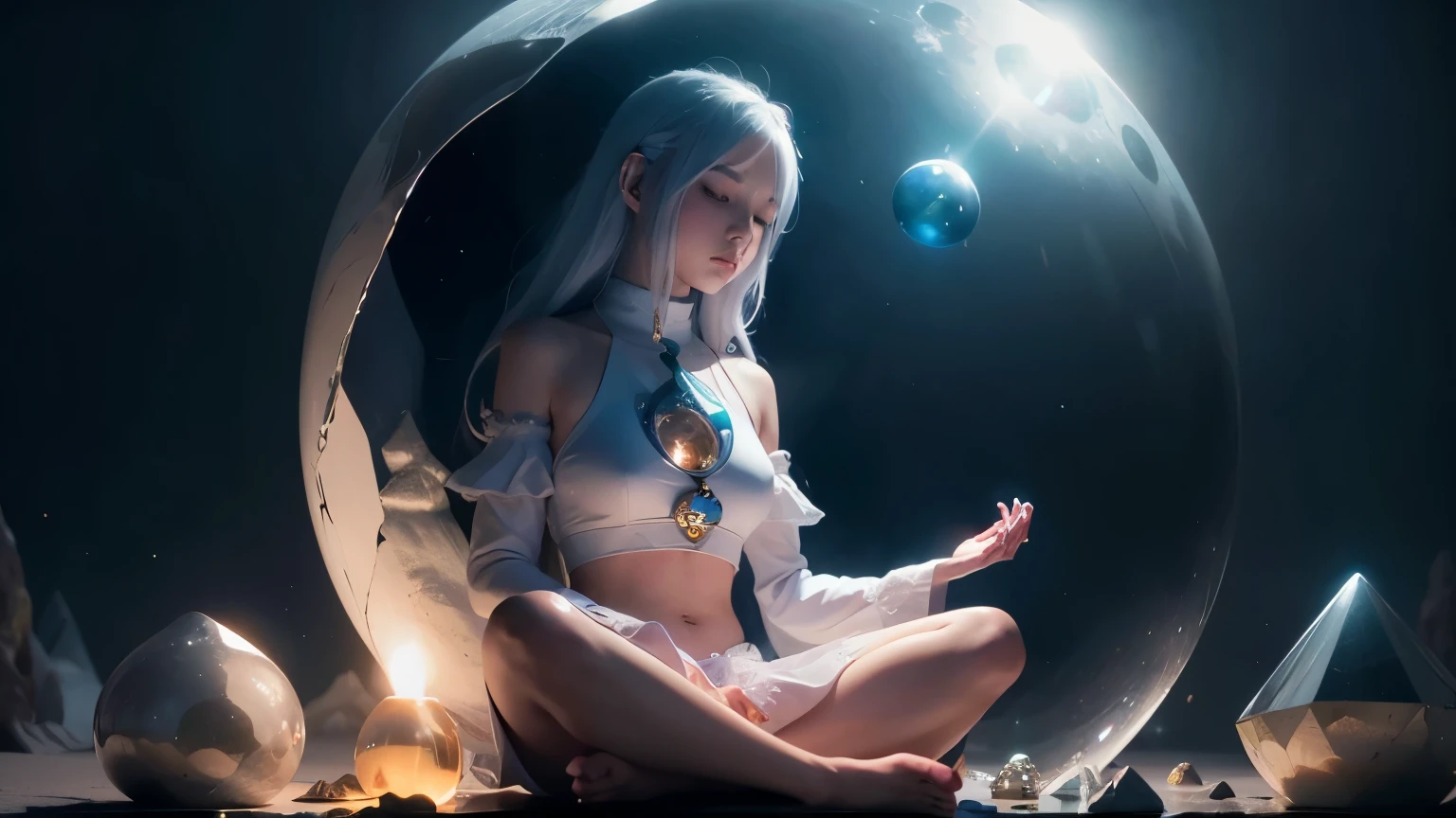 Anime girl sitting in a bubble with a crystal ball in her hand, lost run 8k, Elf soul meditating in space, inspired Written by Ross Tran, lost run style, Written by Ross Tran, beautiful digital artwork, digital fantasy art ), Los Tran and Wallop, fantasy art style, 2. 5d cgi anime fantasy artwork, Elf angel meditating in space