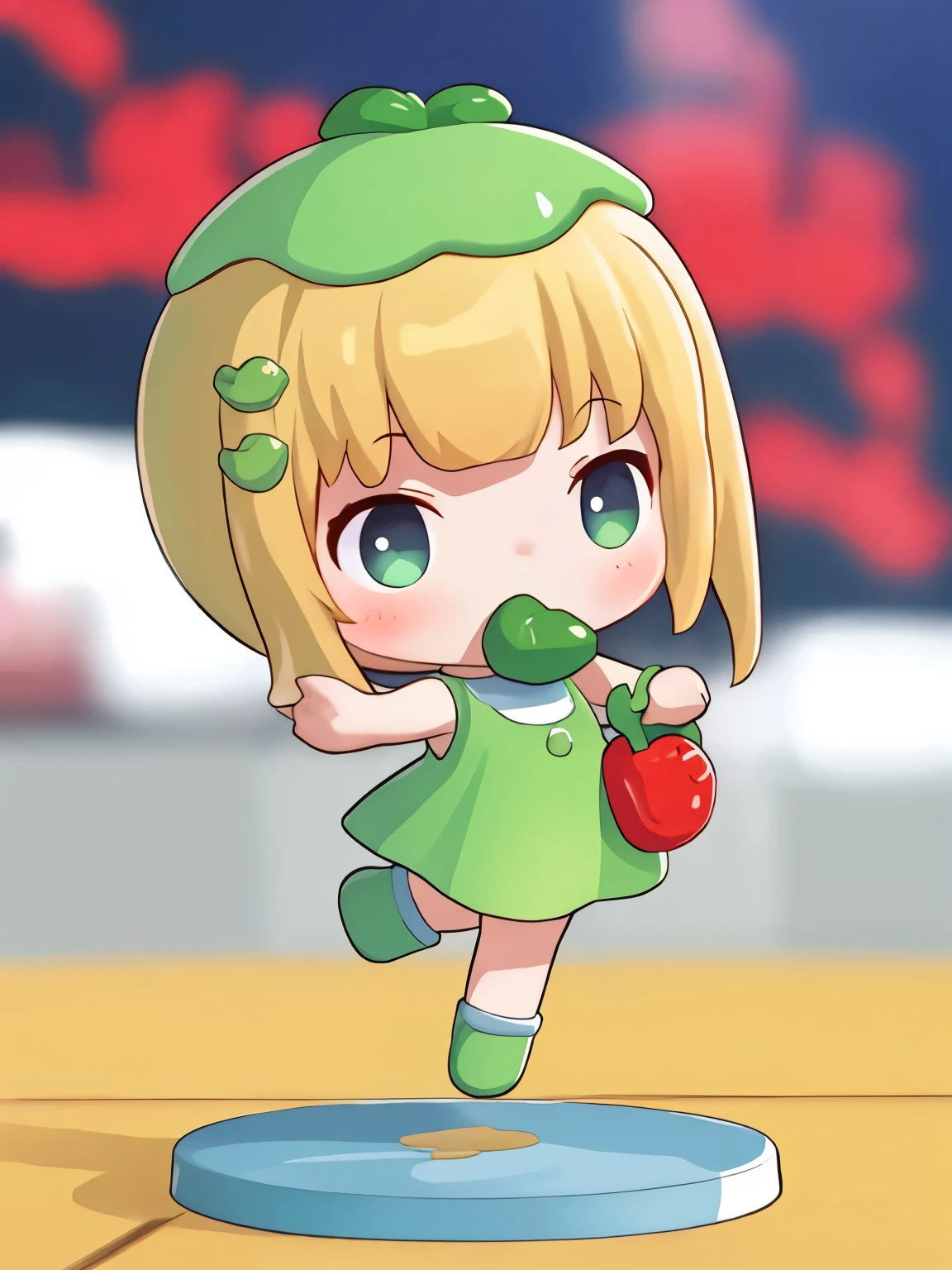blindbox、Chibi girl acting on stage、wearing a cute fruit costume、action、jump、Take a photo from the side