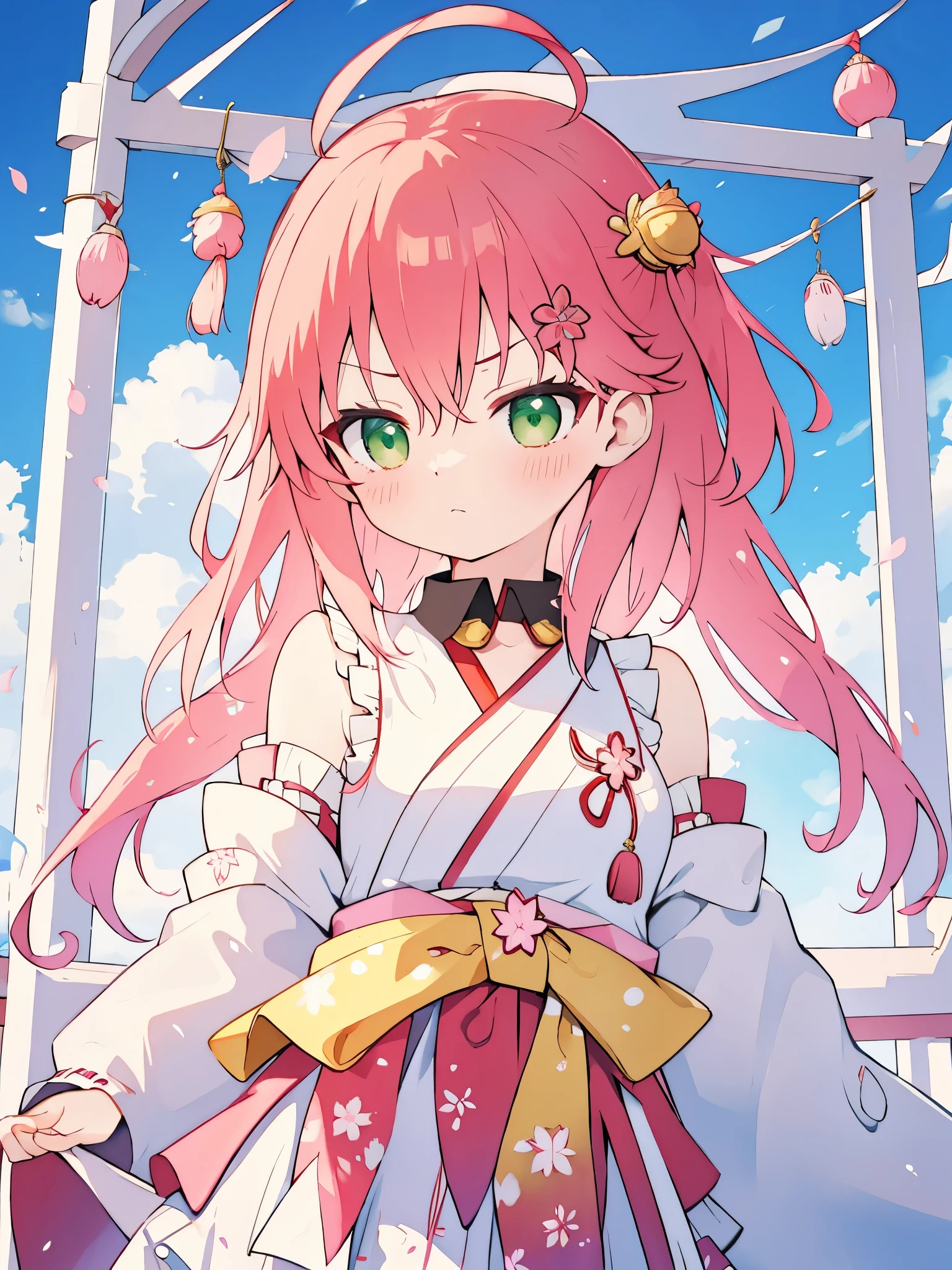 Sakura miko, hololive, pinkish red hair, green eyes, blush , ((angry face)), beautiful eyes, detailed eyes, 4k, masterpiece, upper body, front angle, front view, colorful, 