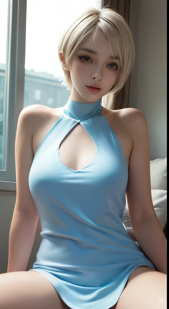 pixie cut, very short hair, ( face, virgin face,  masterpiece, High resolution, 8k, 1 girl, super detailed, fine skin, white skin, brighten the subject, movie light, beautiful face, fine eyes, lip gloss), (((detailed anatomy))), blonde hair, pixie haircut, dull bangs, very short hair, blue eyes, (slender body), (((big natural breasts))), photograph, (concentrate on upper body), 可愛い笑face, looking at the viewer, white knit dress, naked neck, Bare shoulders and neck, blonde hair, pixie haircut, Silky Straight Hair, dull bangs, very short hair, lure, sitting on the bed, Spread her legs wide, Spread her legs wide, Spread her legs wide, pixie haircut, very short hair, very short hair,