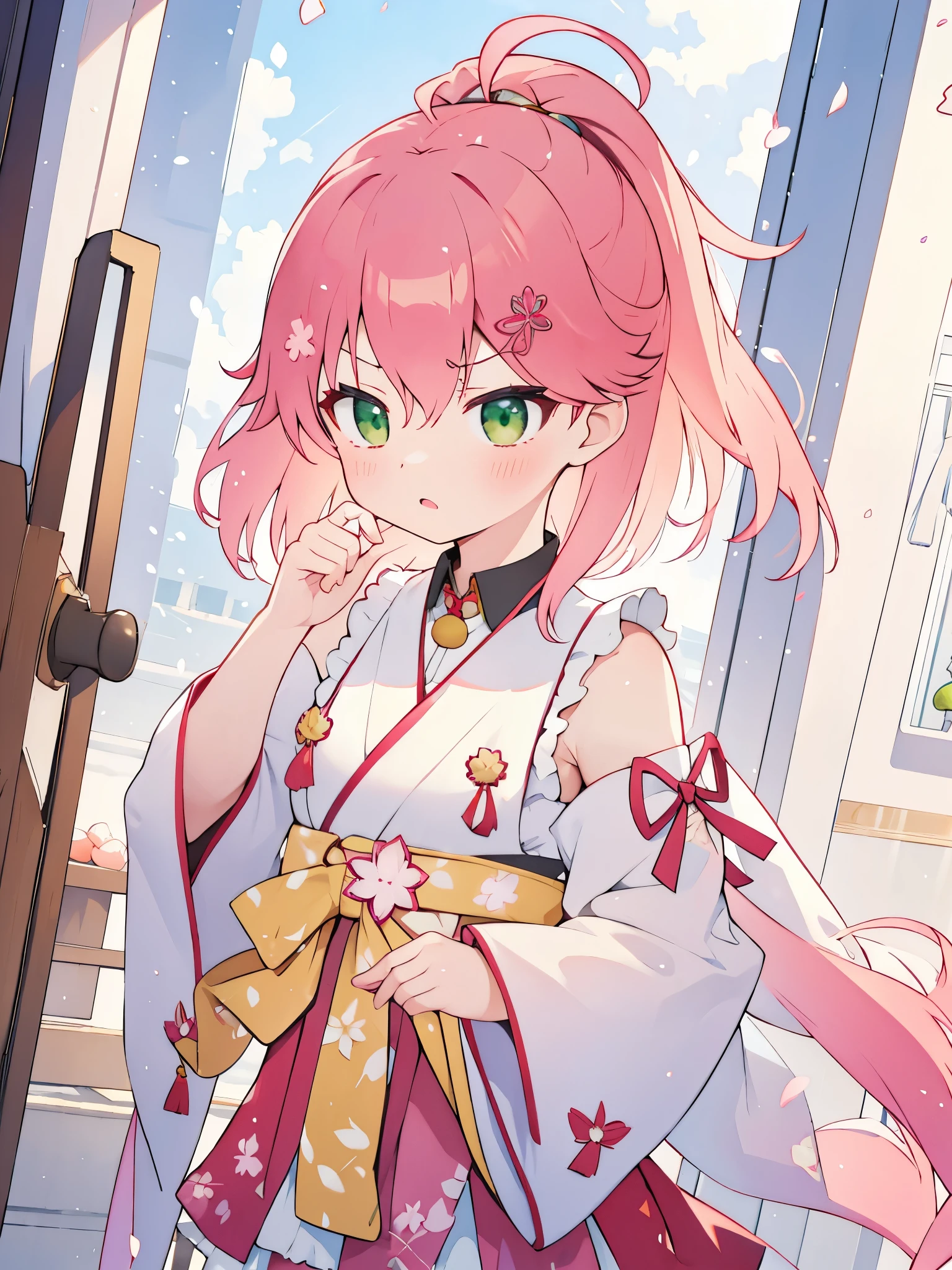 Sakura miko, hololive, pinkish red hair, green eyes, blush , ((angry face)), beautiful eyes, detailed eyes, 4k, masterpiece, upper body, front angle, front view, colorful, 