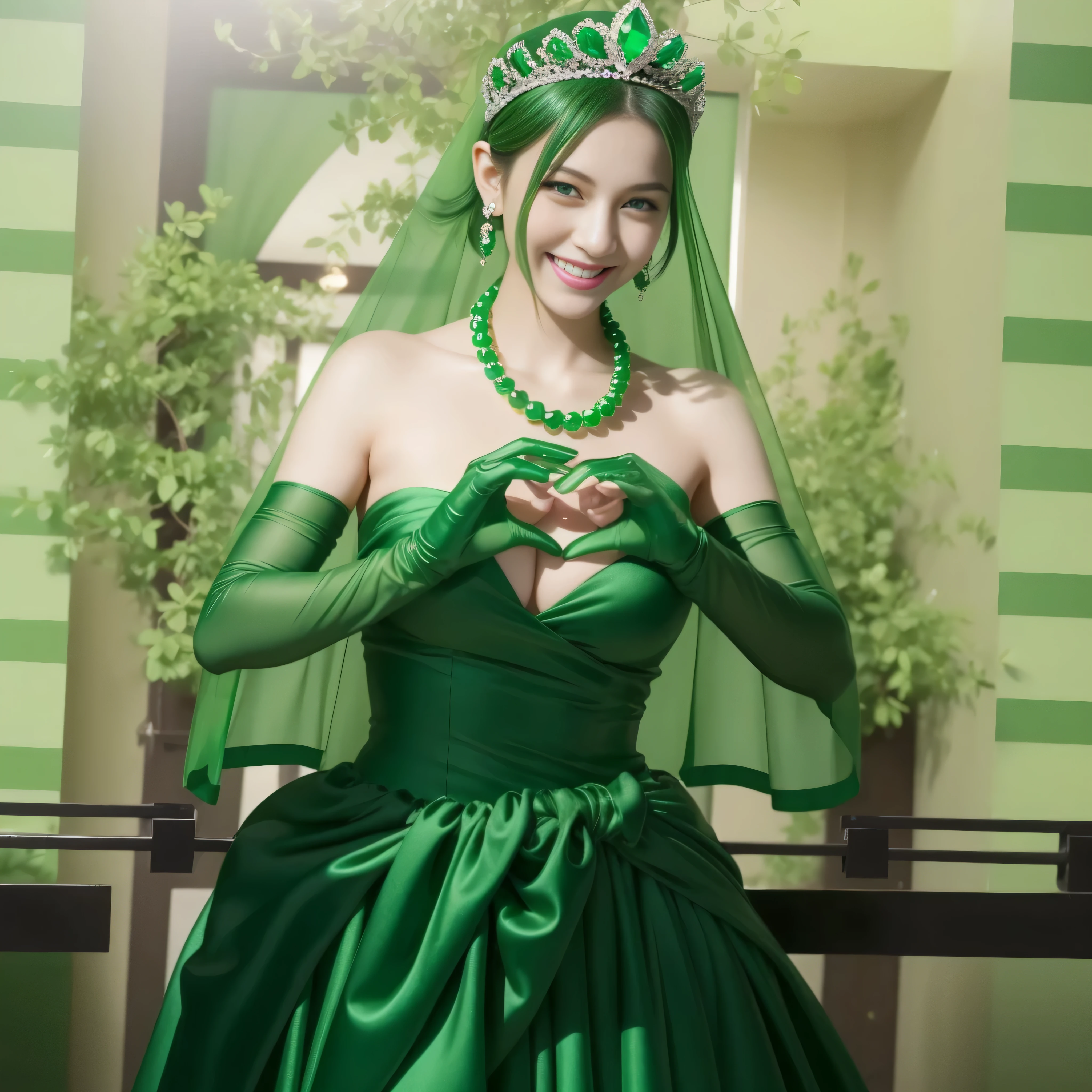 emerald tiara, Green Pearl Necklace, Boyish green berry short hair, lipstick, smiling Japanese woman, very short hair, big breasts beautiful, green eyes, green satin long gloves, green eyes, v sign, emerald earrings, Green veil, green lip gloss,
