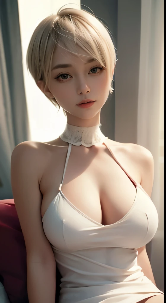 pixie cut, very short hair, ( face, virgin face,  masterpiece, High resolution, 8k, 1 girl, super detailed, fine skin, white skin, brighten the subject, movie light, beautiful face, fine eyes, lip gloss), (((detailed anatomy))), blonde hair, pixie haircut, dull bangs, very short hair, blue eyes, (slender body), (((big natural breasts))), photograph, (concentrate on upper body), 可愛い笑face, looking at the viewer, Rough white knit dress made of rip fabric, naked neck, Bare shoulders and neck, blonde hair, pixie haircut, Silky Straight Hair, dull bangs, very short hair, lure, sitting on the bed, Spread her legs wide, Spread her legs wide, Spread her legs wide, pixie haircut, very short hair, very short hair,