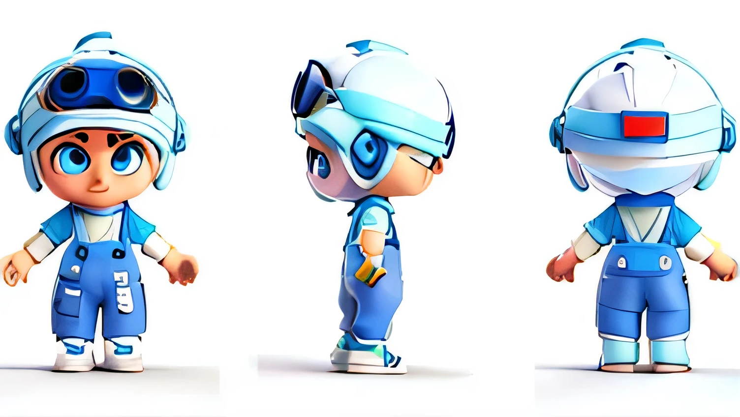 pure white background，blue pants white clothes，perfect face，Tech décor，Wear VR glasses，Stylized character design, toy design, concept character, chibi proportions, High quality character design, 3D modeling concept sheet, character design humanoid, character model sheet turnaround