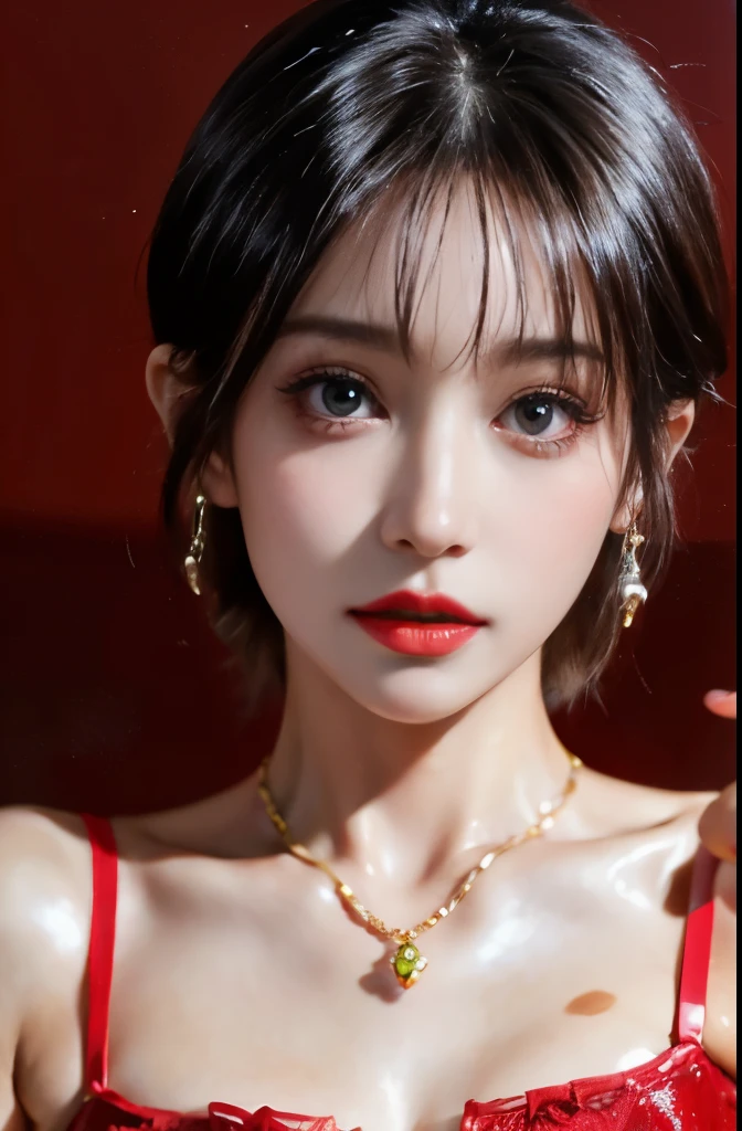 8k, RAW photo, fujifilm, Beautiful 45 year old woman style photo, square face, red rose on neck, wearing a red and black lace dress, gold earrings, Strong features like a spinning pigeon, (highly detailed skin: 1.2), light medium brown hair, film grain, 35mm, cute style、(dripping sweat、oil skin,sparkling skin、realistic skin texture、detailed beautiful skin、shiny skin、shiny skin)、(full shot:1.8)