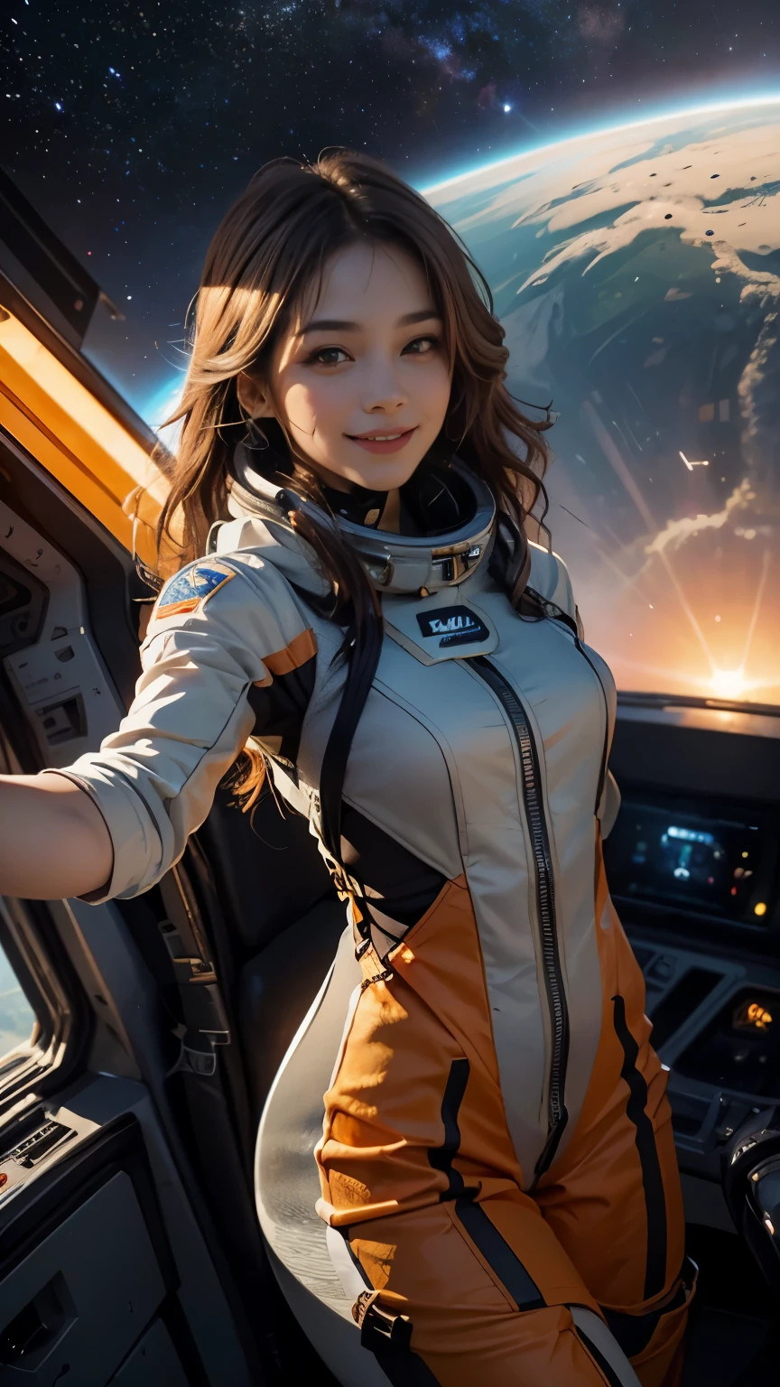 xxmixgirl,1girl, fisheye, selfie, wind, messy hair, sunset,smiling,FilmGirl, Generate a lively and enchanting scene portraying a girl with flowing hair, radiating joy in a orange spacesuit. Picture her inside a futuristic spacecraft, capturing a moment of pure enthusiasm as she takes a selfie. planet mercury and huge sun visible in the background. The spacecraft's interior is sleek and modern, adorned with high-tech elements and large windows that offer breathtaking view of planet mercury from space in vast expanse of space galaxy, The girl's genuine smile reflects her excitement as she embarks on a journey to venus, showcasing the adventurous spirit of space exploration, orange space suit