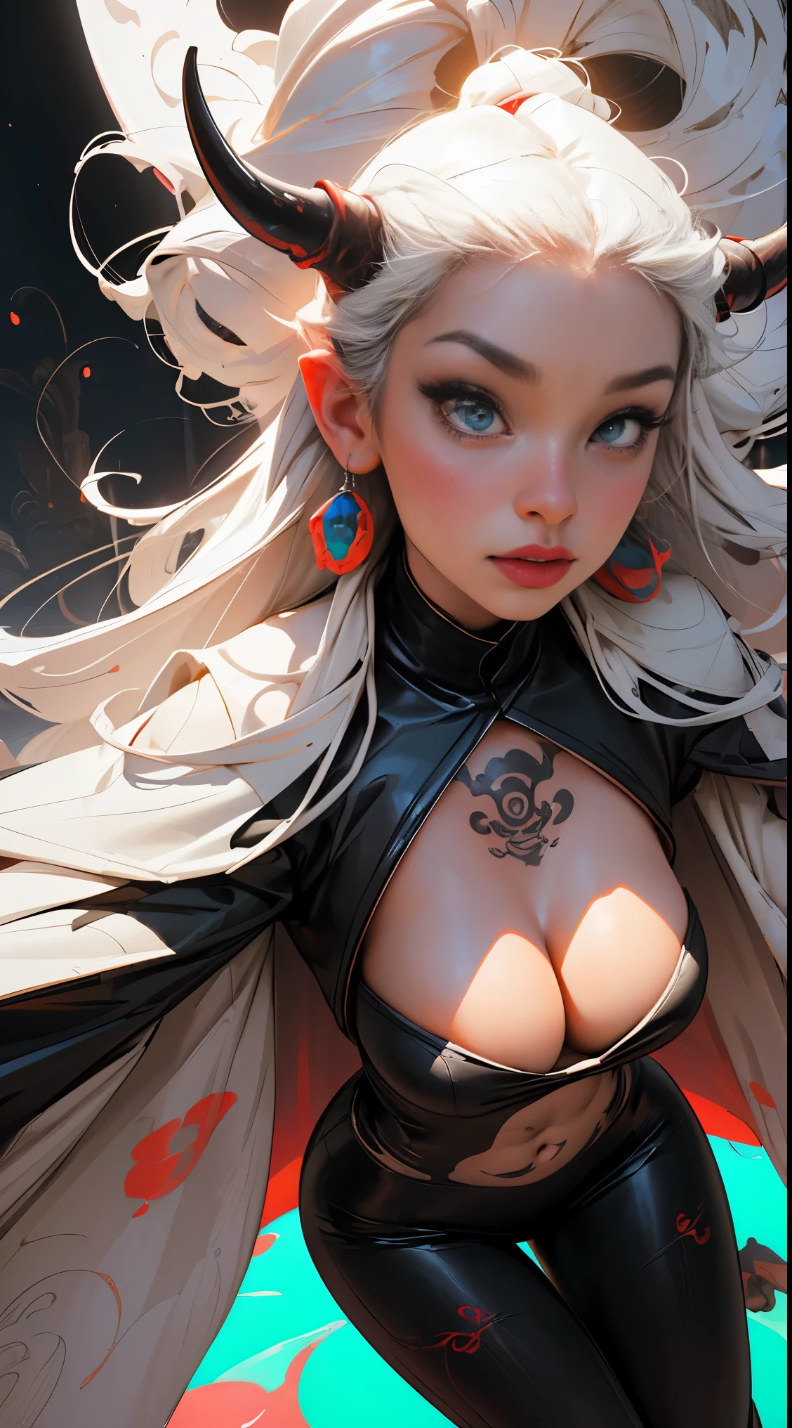(masterpiece, top quality, best quality, official art, beautiful, cosmic, atmospheric, psychedelic, dreamlike and aesthetic, swirling psychedelic cosmic graffiti patterns:1.2), (1girl, nude, demon girl, oni horns), extreme detailed,(fractal art:1.3),colorful,highest detailed, "(Best Quality, 8K, 32K, masutepiece:1.3), Ultra-detailed, (Photorealistic:1.4), red black and white colors, perfect color scheme, albino skin, demon goddess Girl, Detailed moonlight eyes, full body portrait, very long luxurious platinum white hair, super huge enormously gigantic nude tits and nipples exposed, Avant-garde makeup, Numerous piercings, Heavily tattooed body, swirling psychedelic cosmic aesthetic atmospheric dreamlike graffiti pattern background
