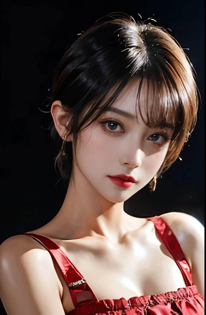 8k, RAW photo, fujifilm, Beautiful 45 year old woman style photo, square face, red rose on neck, wearing a red and black lace dress, gold earrings, Strong features like a spinning pigeon, (highly detailed skin: 1.2), light medium brown hair, film grain, 35mm, cute style、(dripping sweat、oil skin,sparkling skin、realistic skin texture、detailed beautiful skin、shiny skin、shiny skin)、(full shot:1.8)