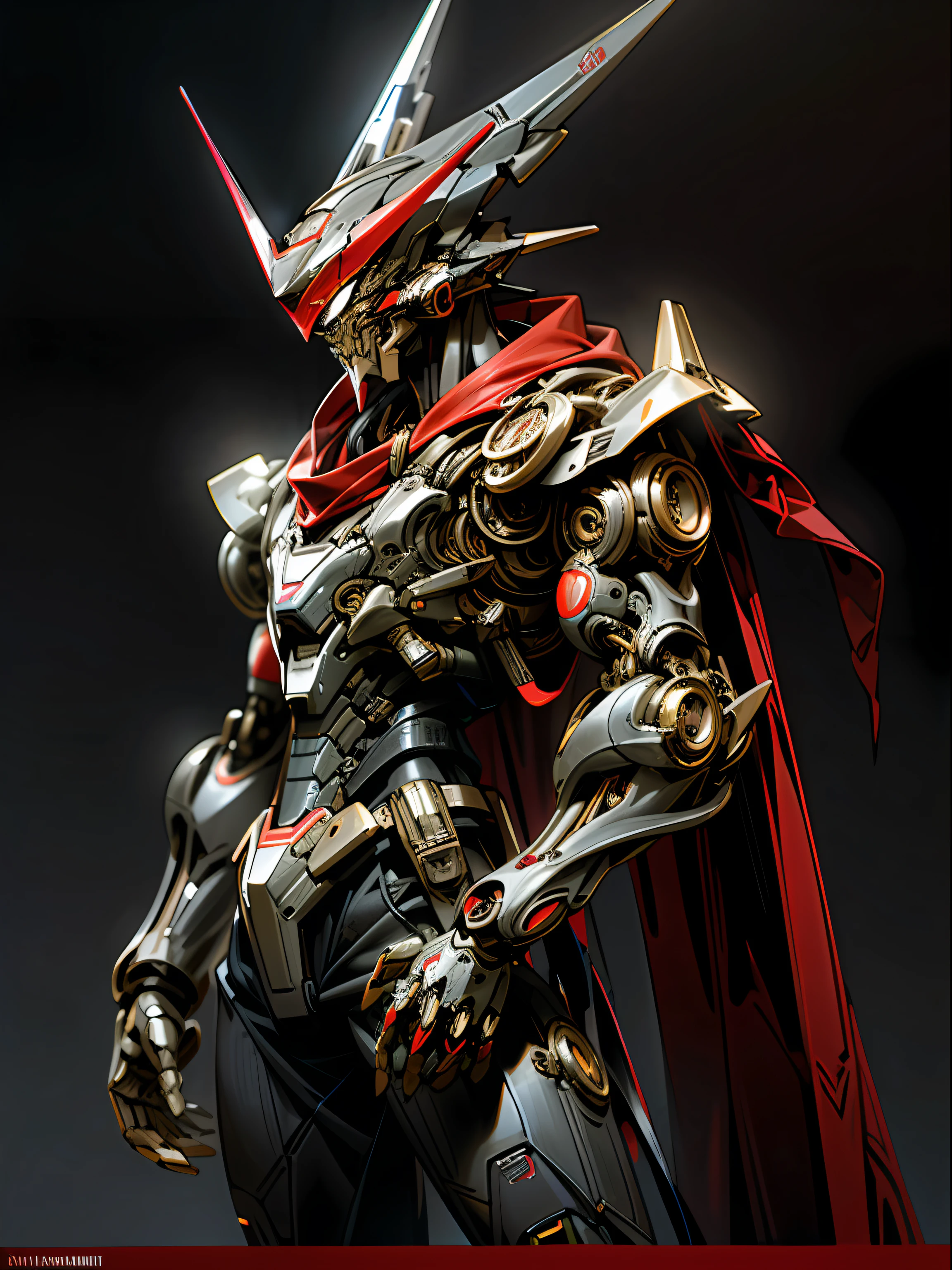 (A dark and fantastic Raw photo of the Cyberpunk style (Great revolutionary, Esgrimista, Vermelho: 1.1), with the striking presence of a mechanical wonder man and the aura of a cybernetic guardian.)
