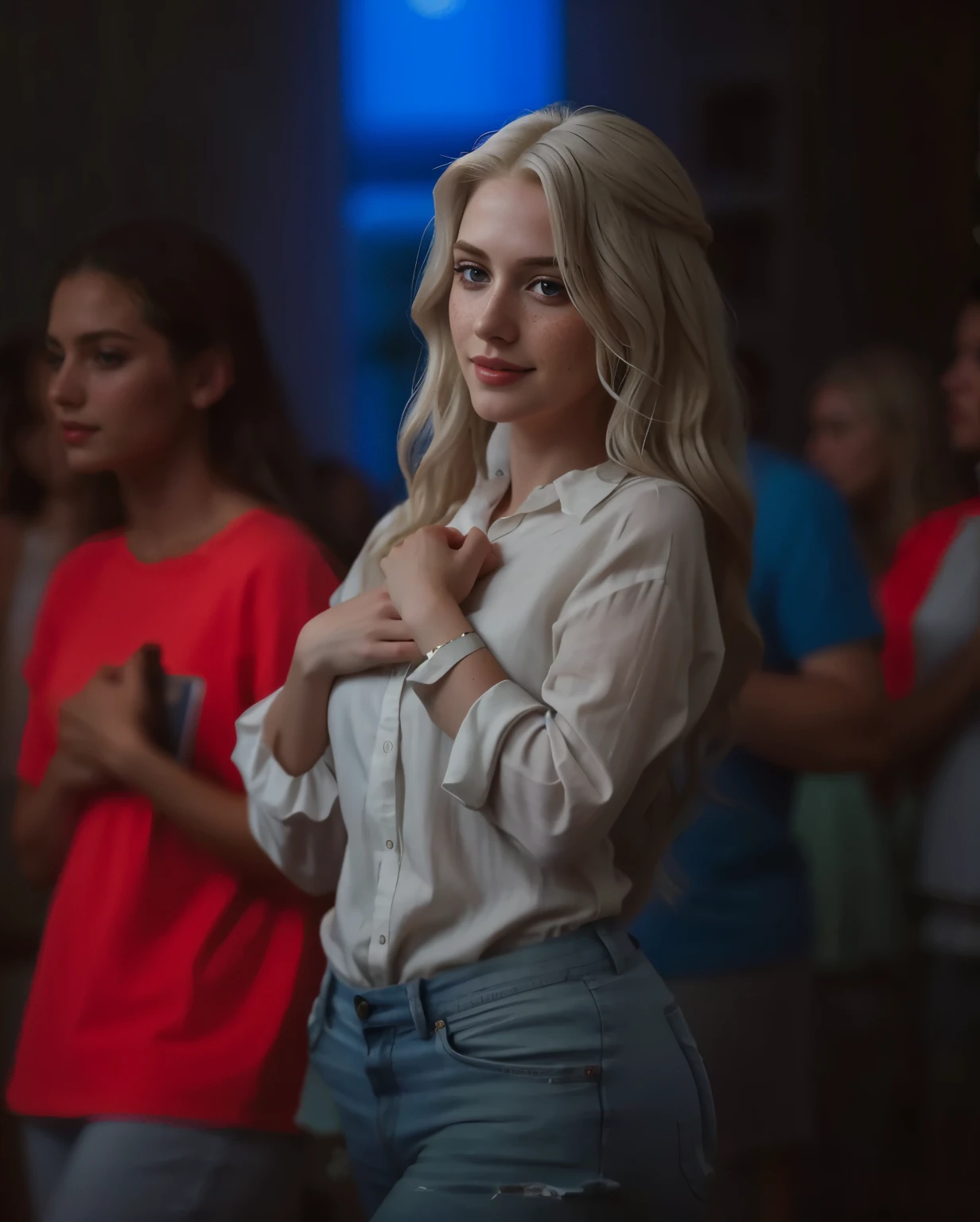mulher, americana, 25 anos, pale skin and freckles, olhos cinzas, nariz delicado, soft and delicate lips, Long, wavy gray blonde hair down to the waist, sorriso meigo, olhos fechados, rosto olhando para a esquerda