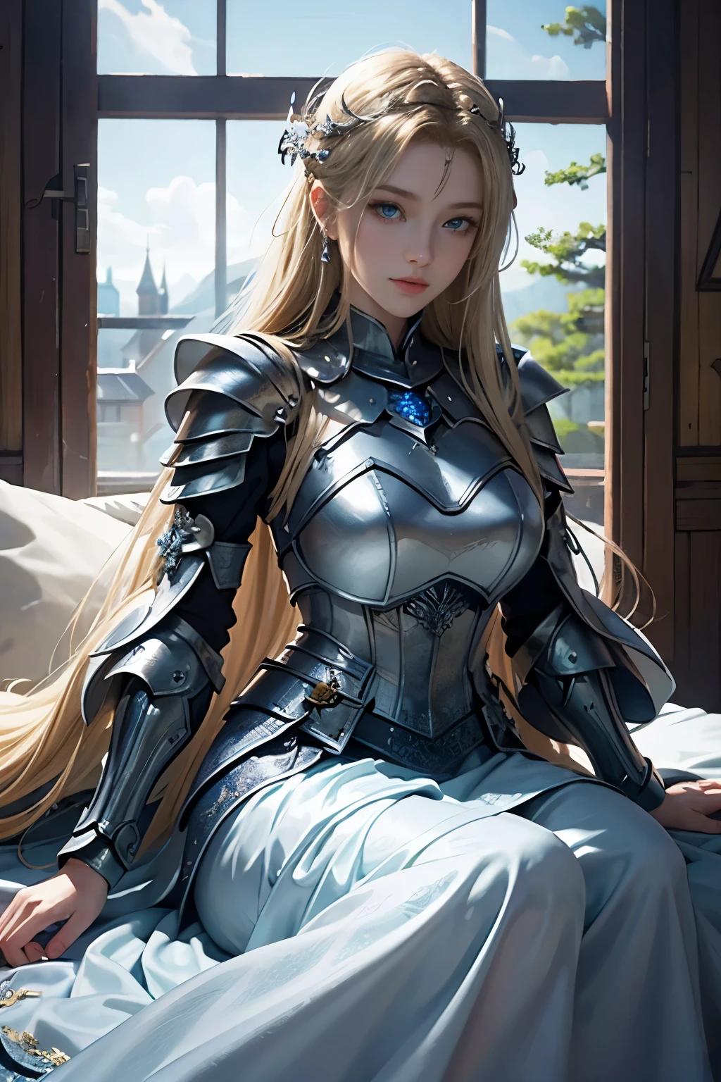 masterpiece, top-quality, One Young Woman Knight、Beautiful fece、Rin々Right、beautiful face、beautidful eyes、、Silver Half Plate and Dress Armor、Gorgeous blonde、long、Blue eyes、thoughtful、White horse、magical fantasy、in isekai、Medieval Europe、((FULL BODYSHOT))、Dynamic angles、