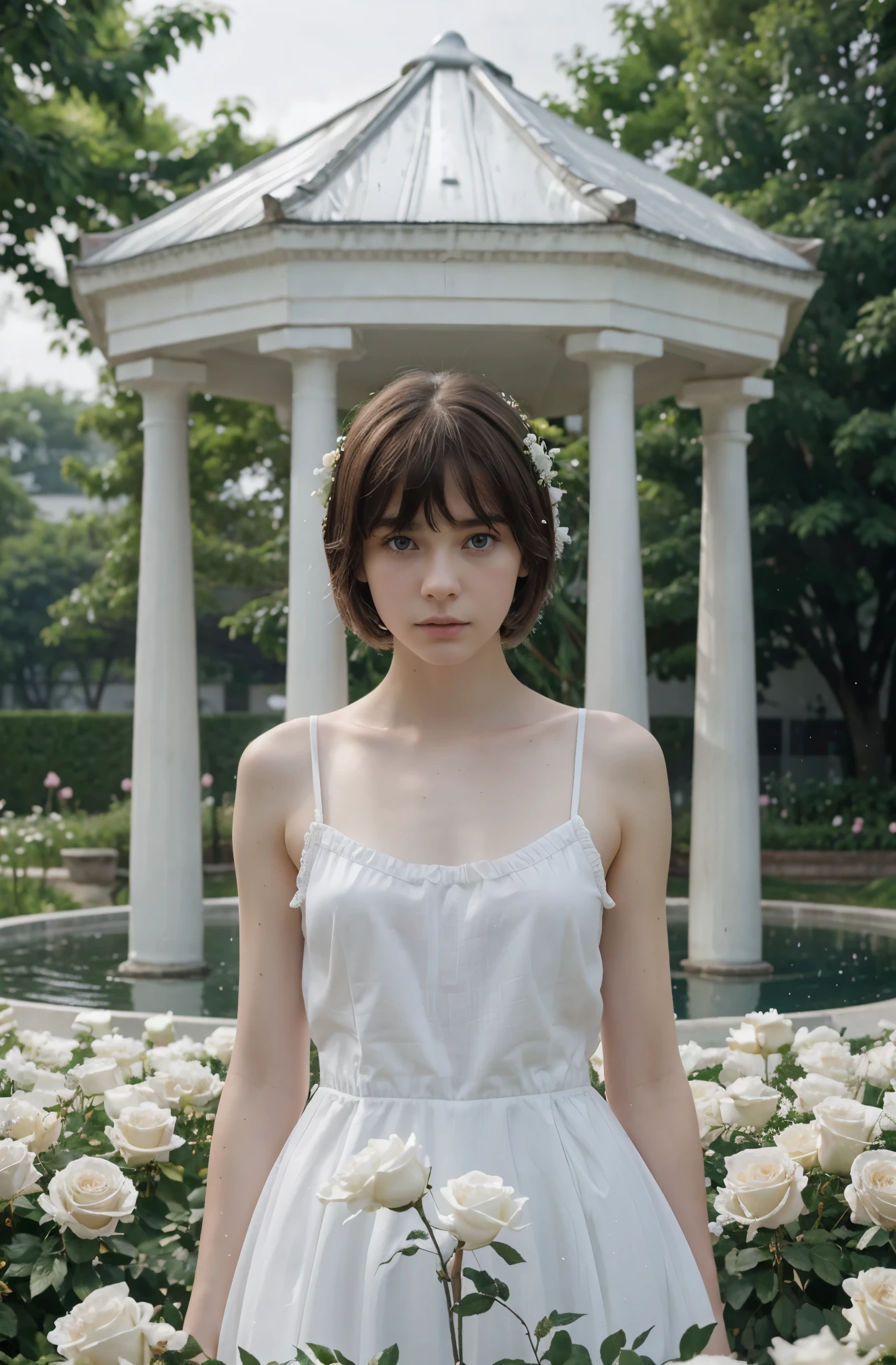 (best quality,hyper-realistic,ultra-detailed,8k), ager, fifteen years old, shy, sad, paleness, big blue eyes, very white skin, small nose, short brown hair with bangs, melancholy, delicate, feminine, skinny body, garden of thousand white roses, fountain, rain.